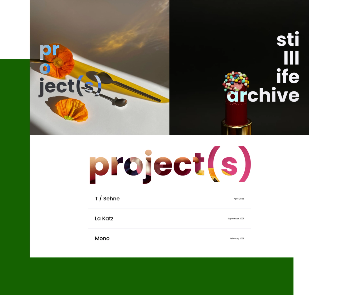 A preview of the hero and projects section of the website