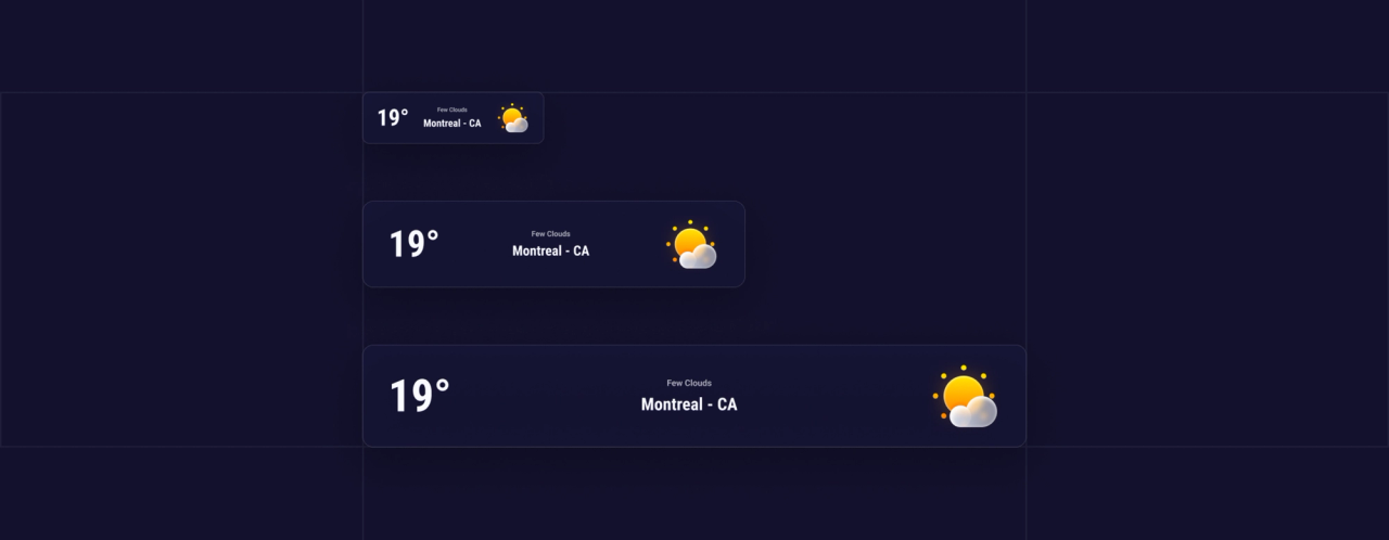 Weather card variations for three different device breakpoints