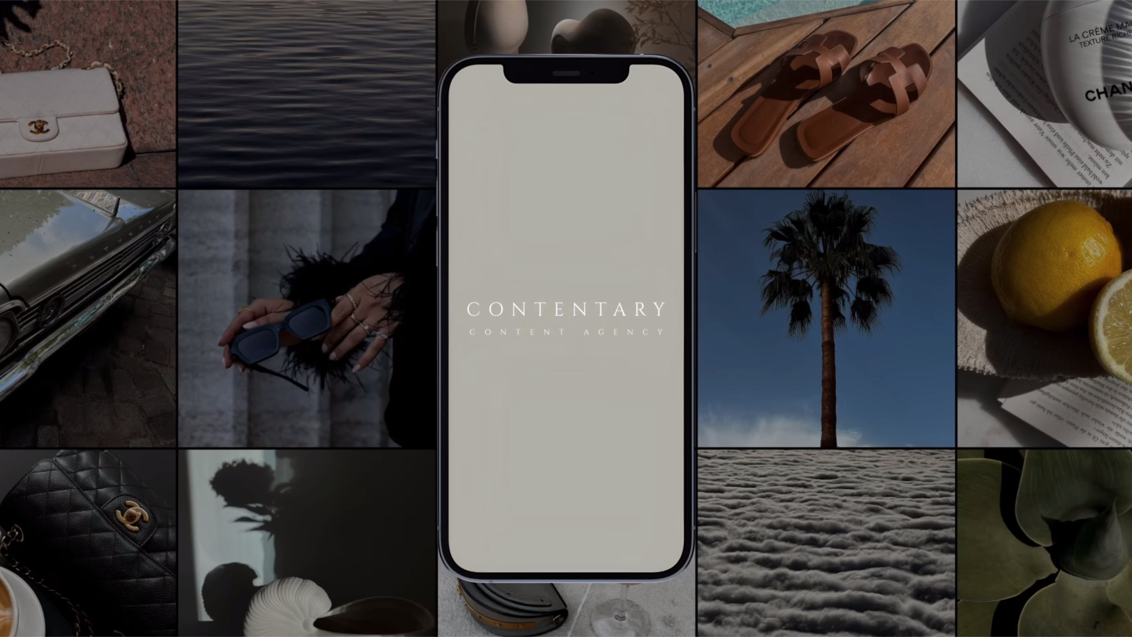 An iPhone displaying the Contentary logo with a vibrant mood board in the background