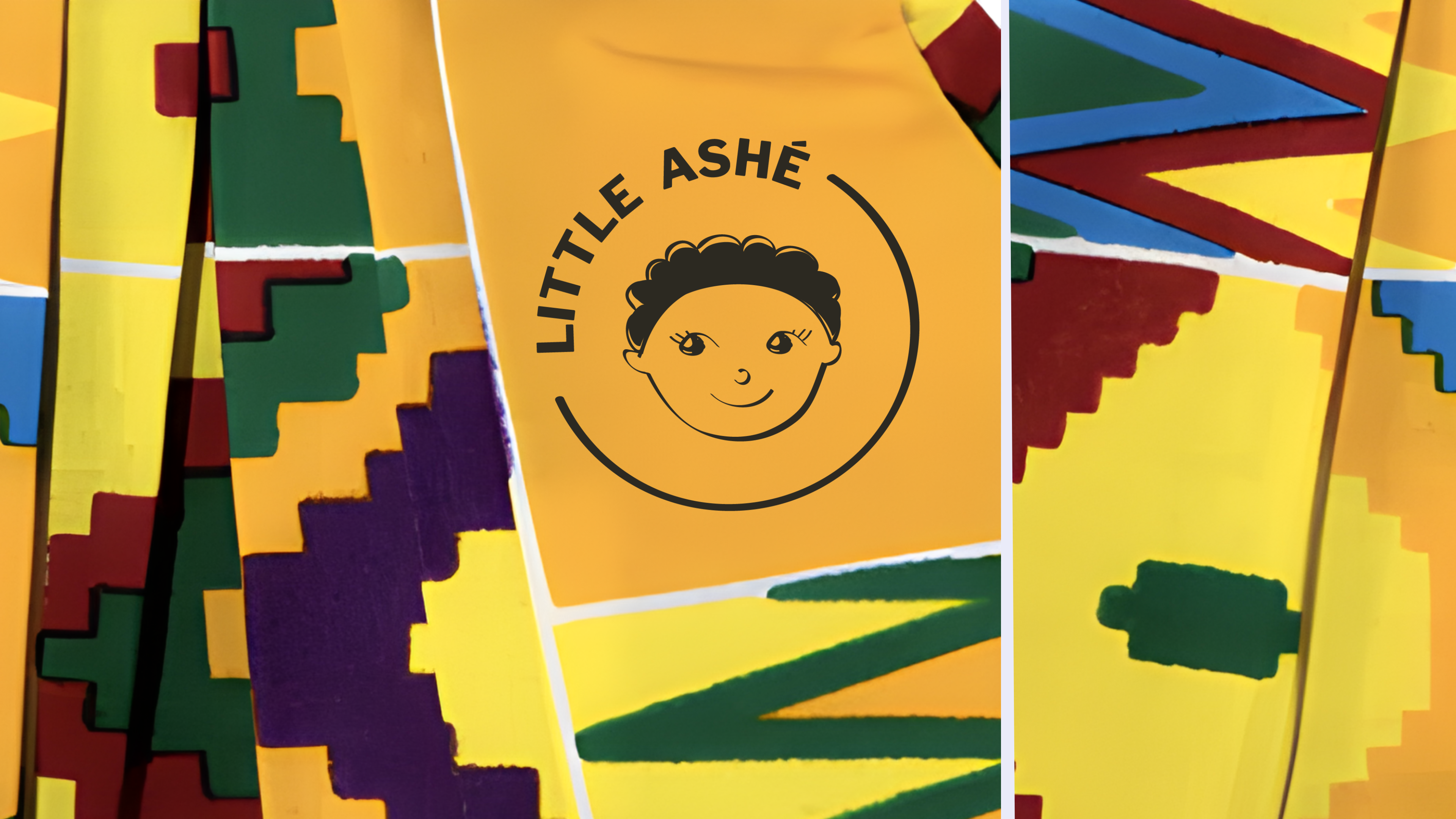 A vibrant fabric pattern with the LITTLE ASHÉ logo on top