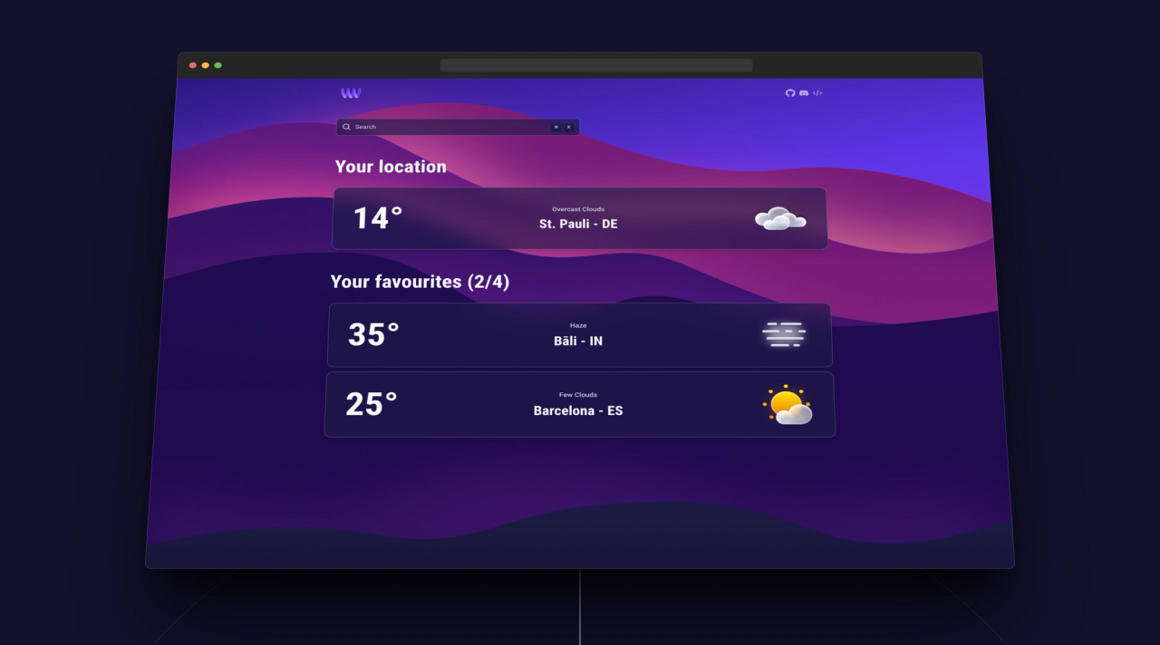 The dashboard displayed, showing the weather in your location and your favourite locations as well as a search bar, in a browser window, with a connection going to the bottom