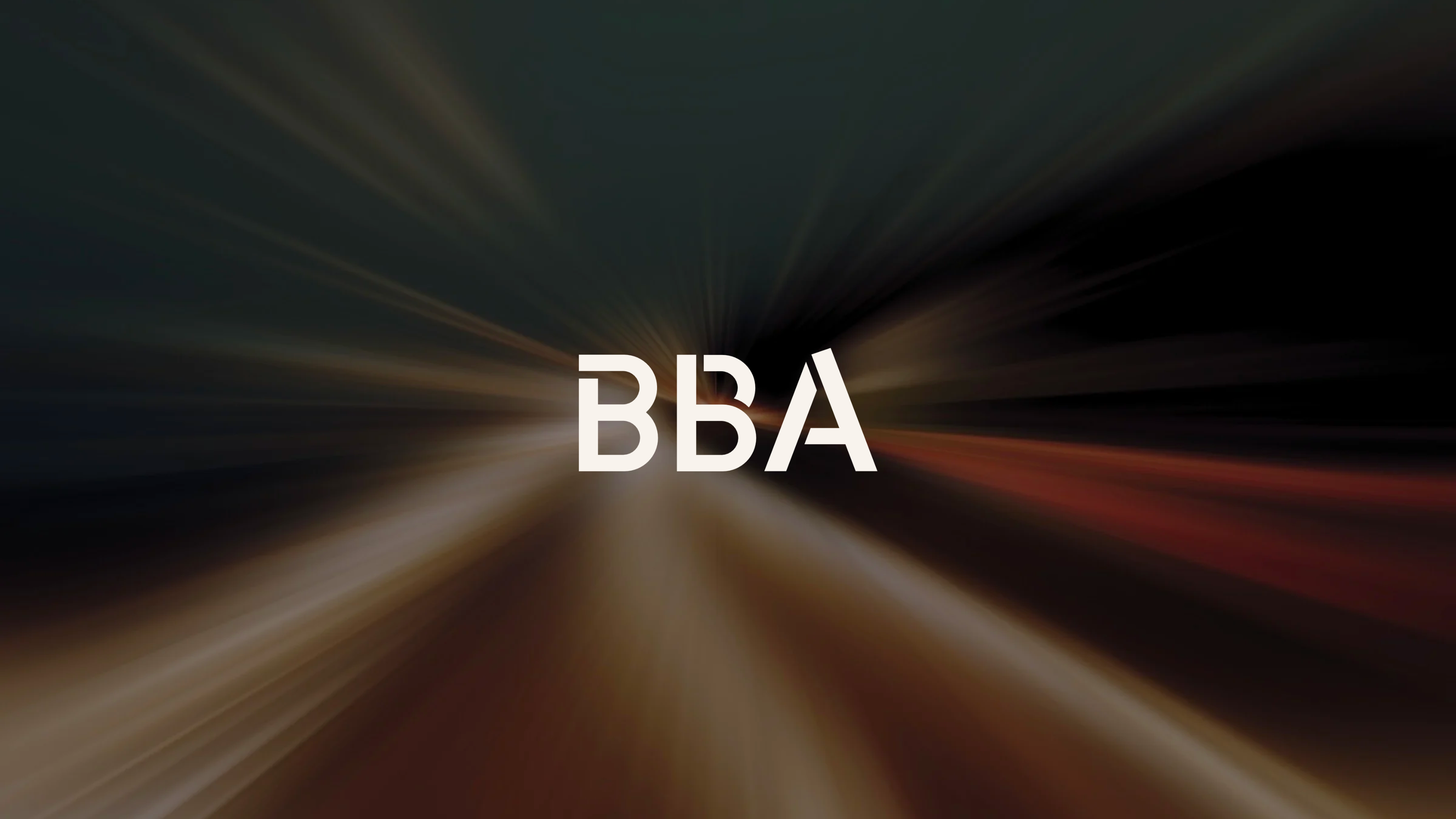 A minimalist white BBA logo centered on a dark background with dramatic, radial light streaks and motion blur, conveying a sense of speed and forward movement in the mobility sector.