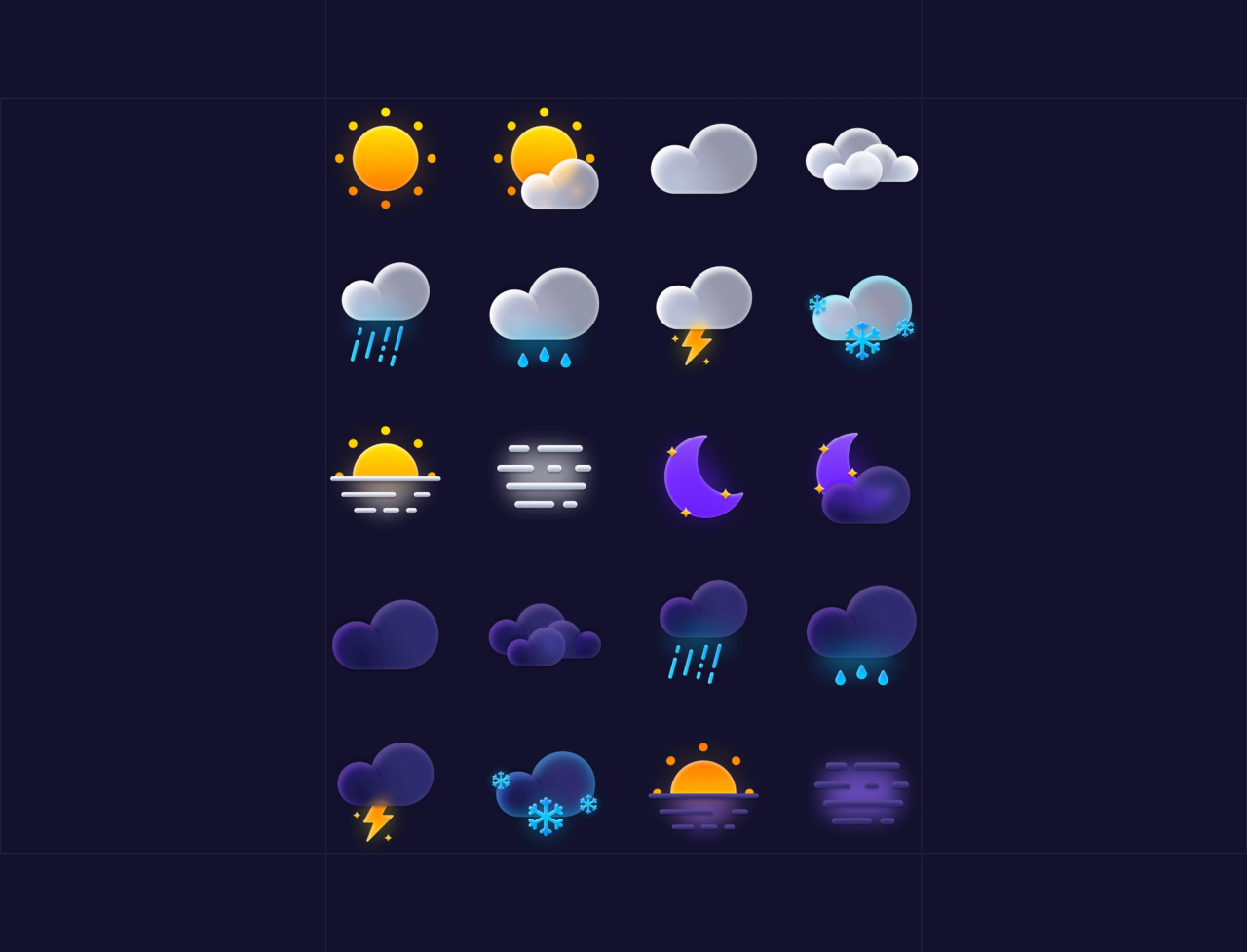 A grid of all different weather condition icons in day and night variants