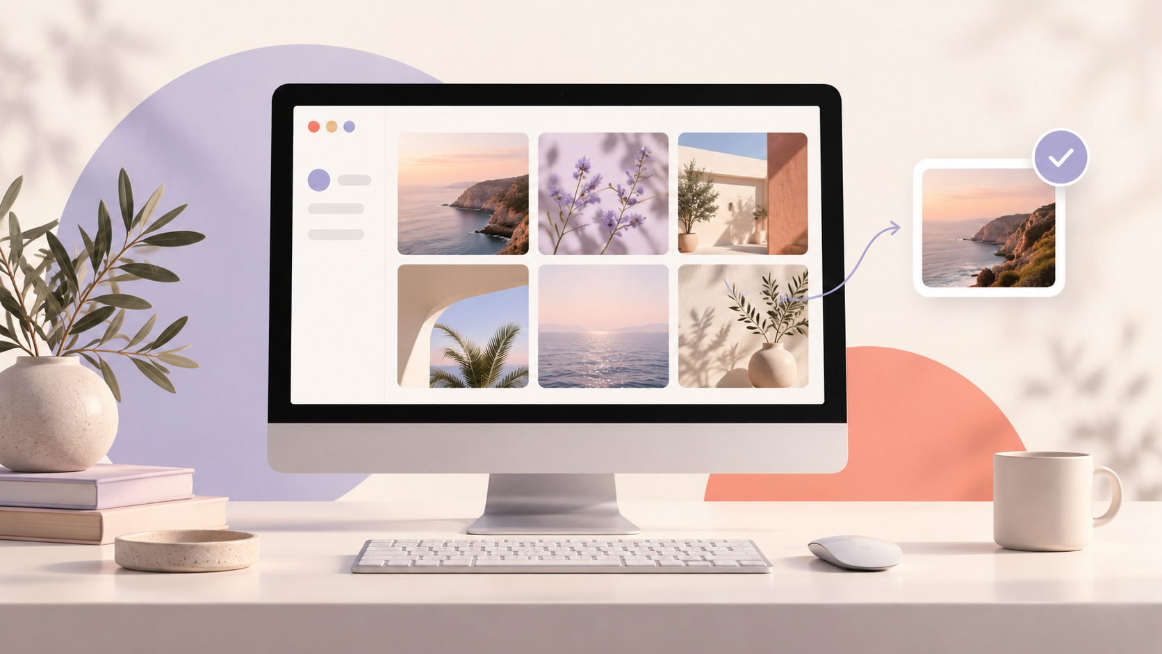 Generated illustration of a photo grid moving into a published card with a checkmark