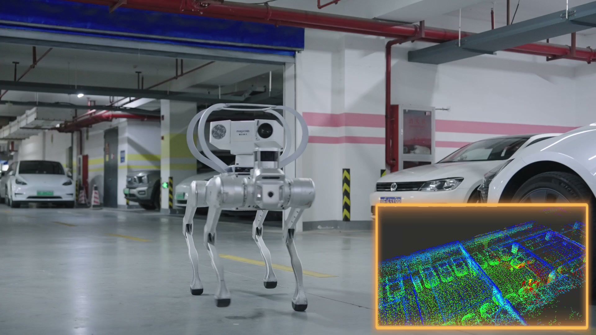 MagicDog Y1 industrial quadruped robot performing a LiDAR inspection in a car park
