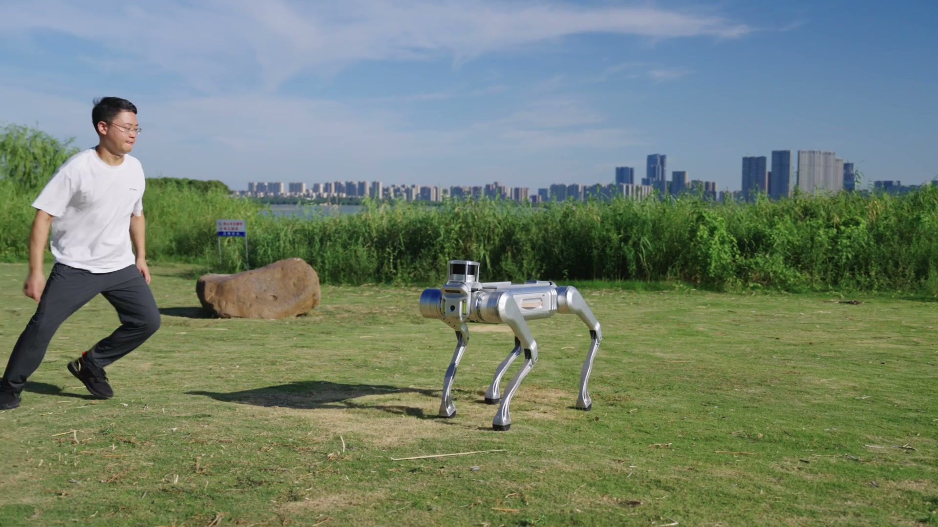 MagicDog Y1 industrial quadruped robot on an outdoor inspection route