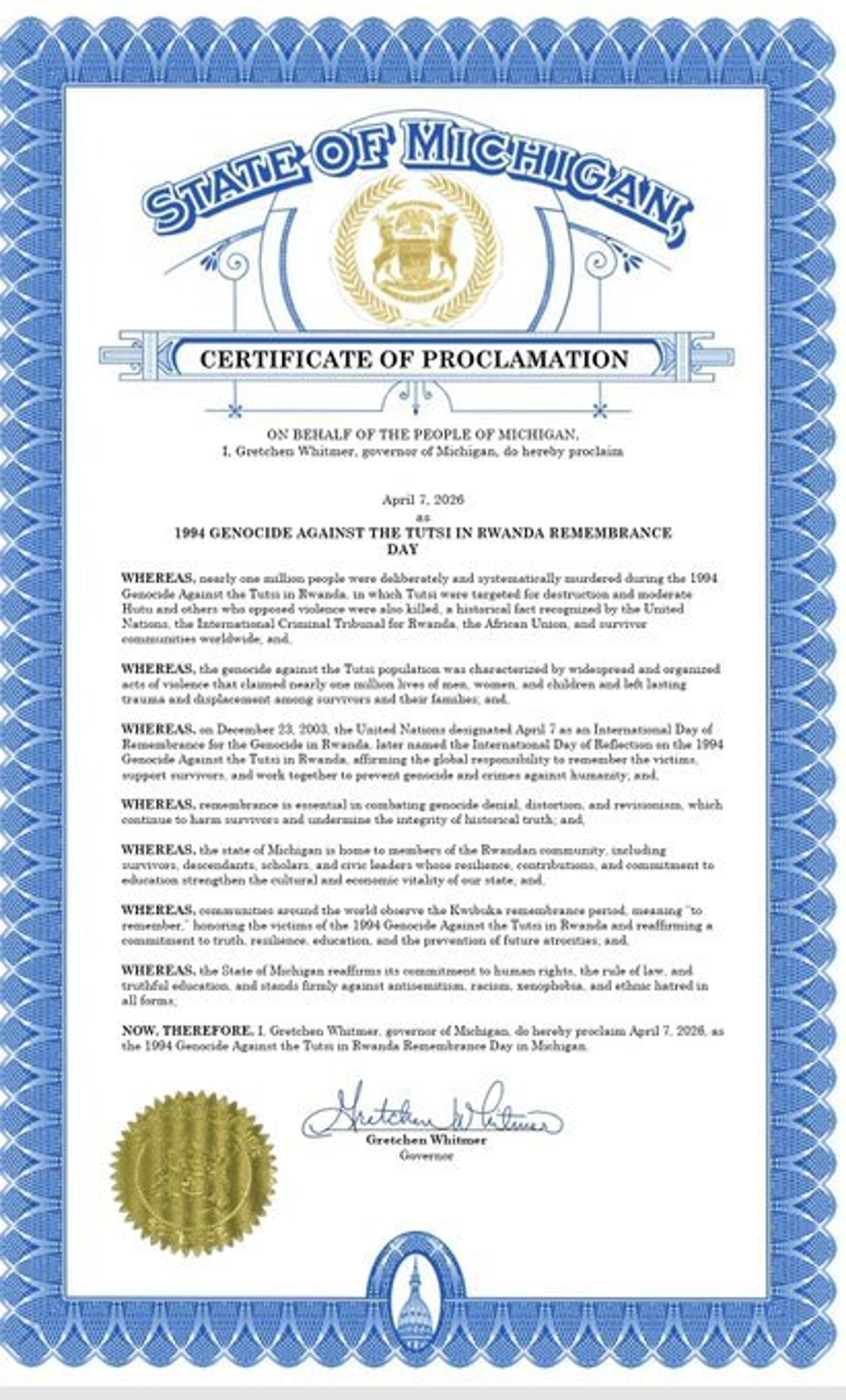 Michigan becomes first US state to formally proclaim the Genocide against the Tutsi remembrance day