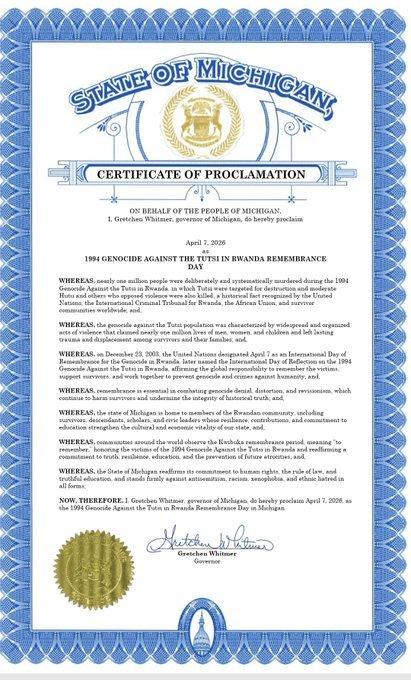 Michigan becomes first US state to formally proclaim the Genocide against the Tutsi remembrance day