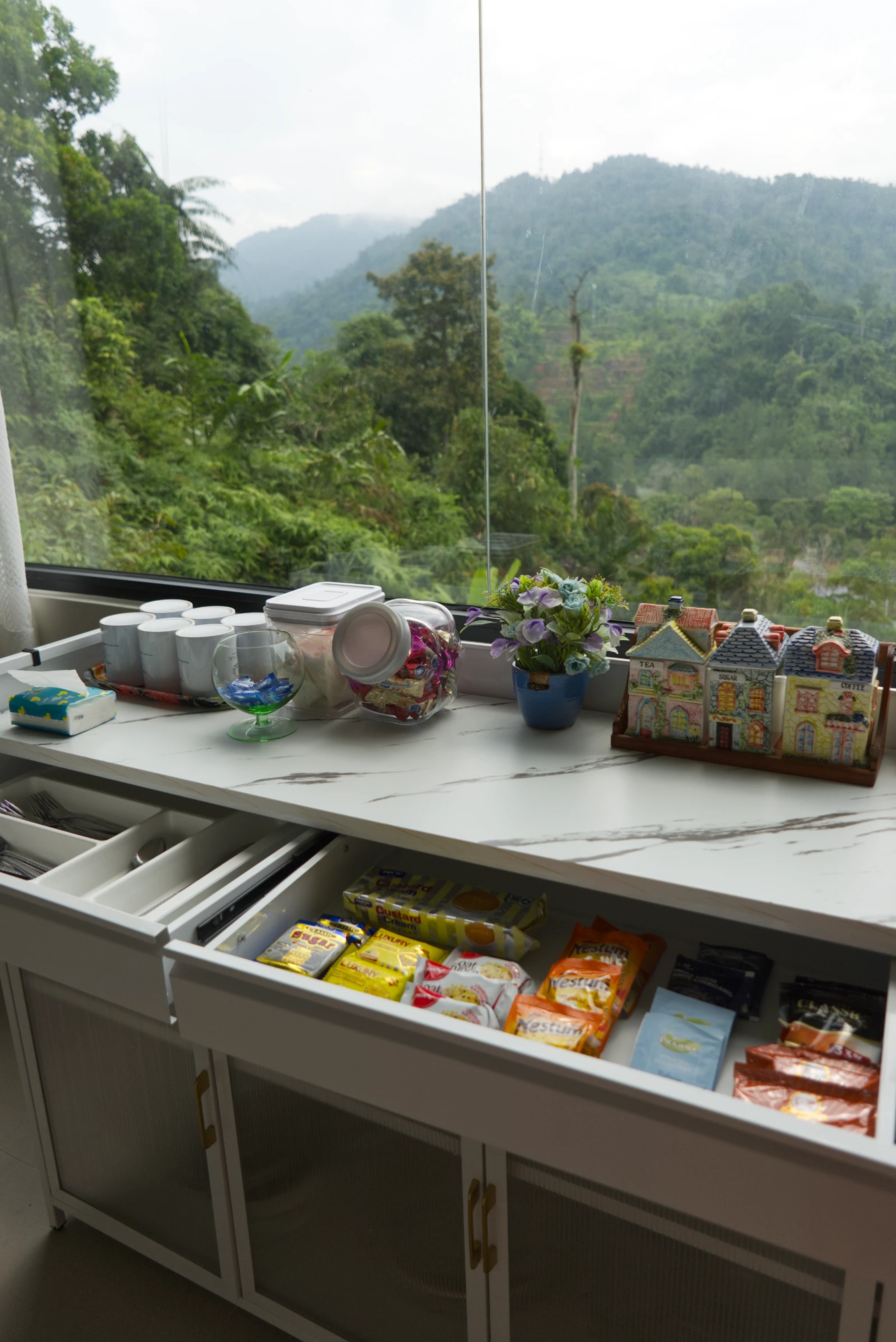Tea and coffee station by the window