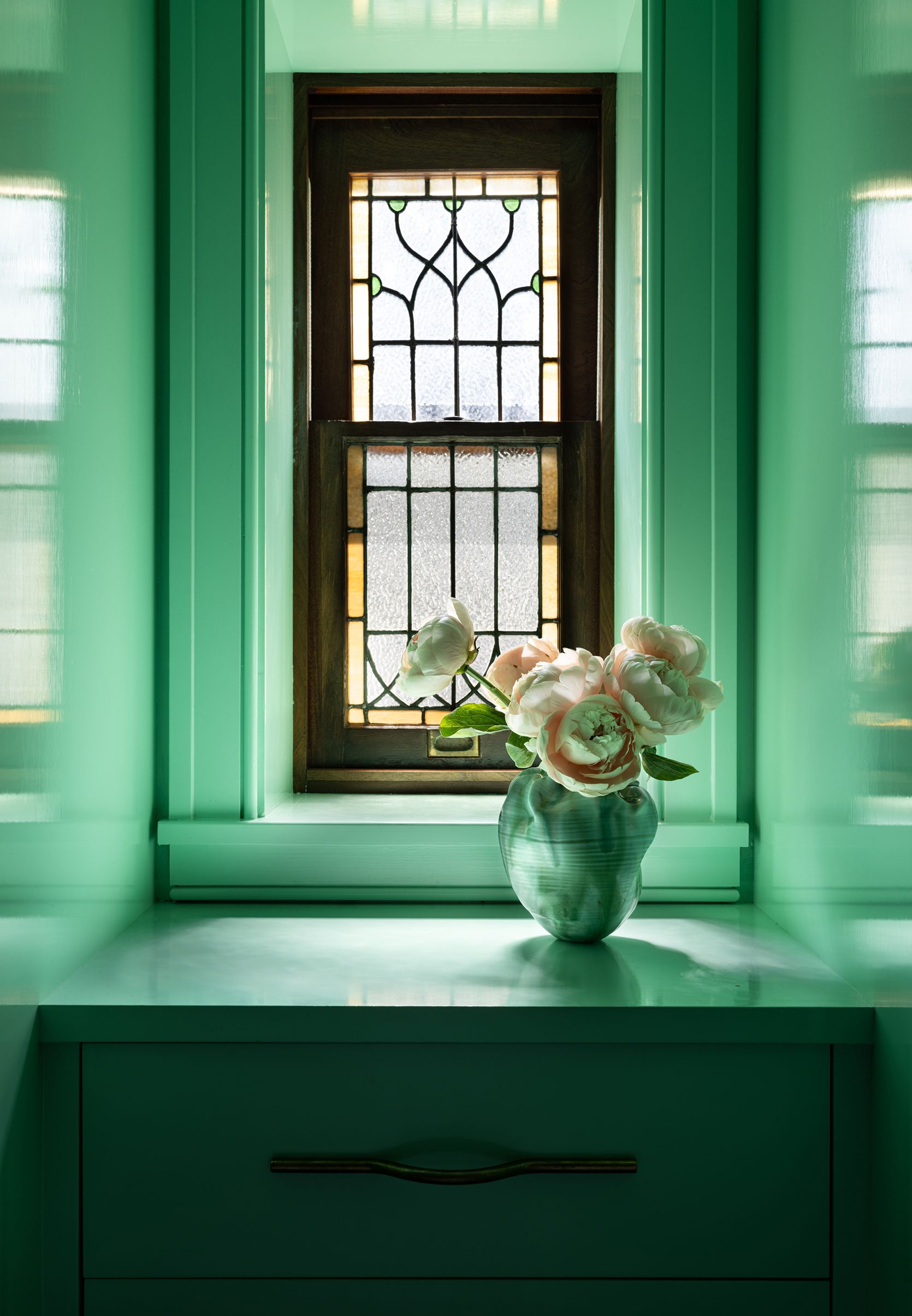 Park Slope Flemish Renaissance Primary Closet with Restored Stained Glass Window