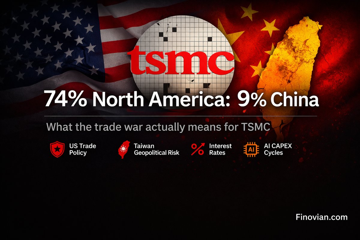TSMC revenue geography showing 74% from North America and 9% from China, with analysis of how US trade policy, Taiwan geopolitical risk, interest rates, and AI CAPEX cycles affect TSMC financials