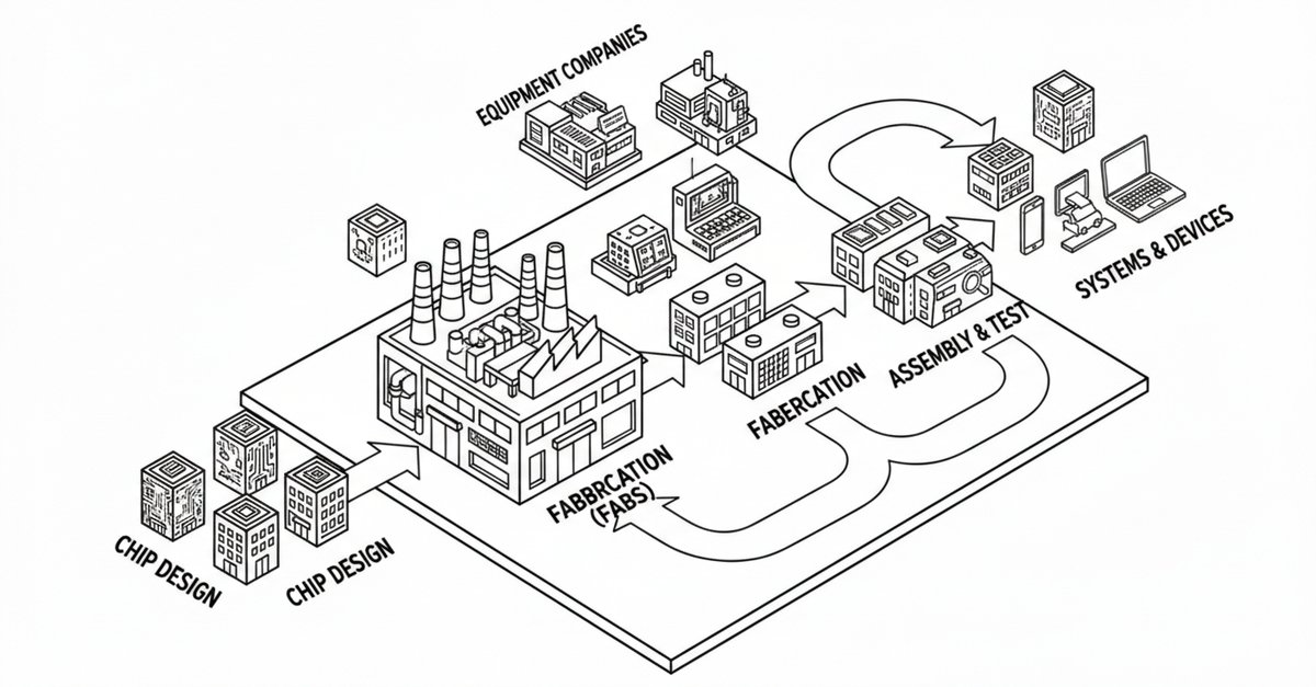 Semiconductor industry value chain showing chip design, manufacturing, and equipment companies