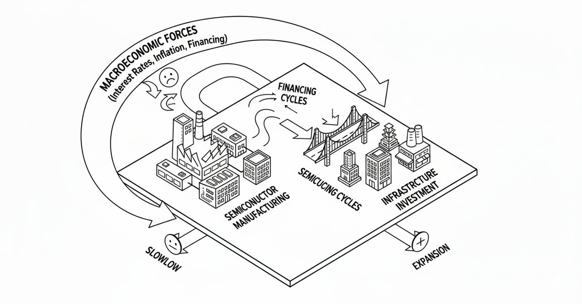 Illustration showing macroeconomic forces influencing capital-intensive industries such as semiconductor manufacturing and infrastructure investment.