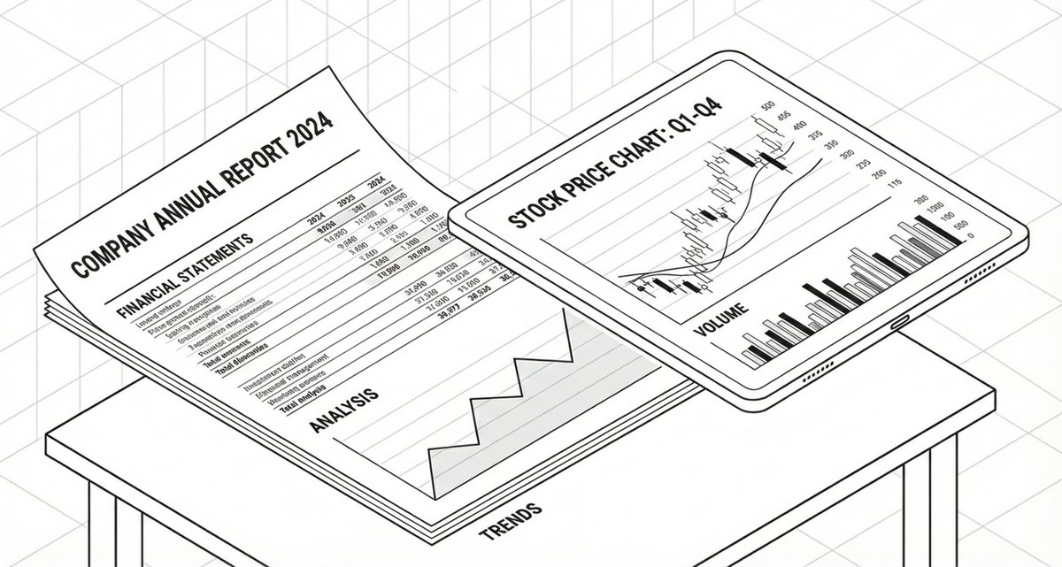 Illustration showing a company earnings report and a stock price chart moving independently