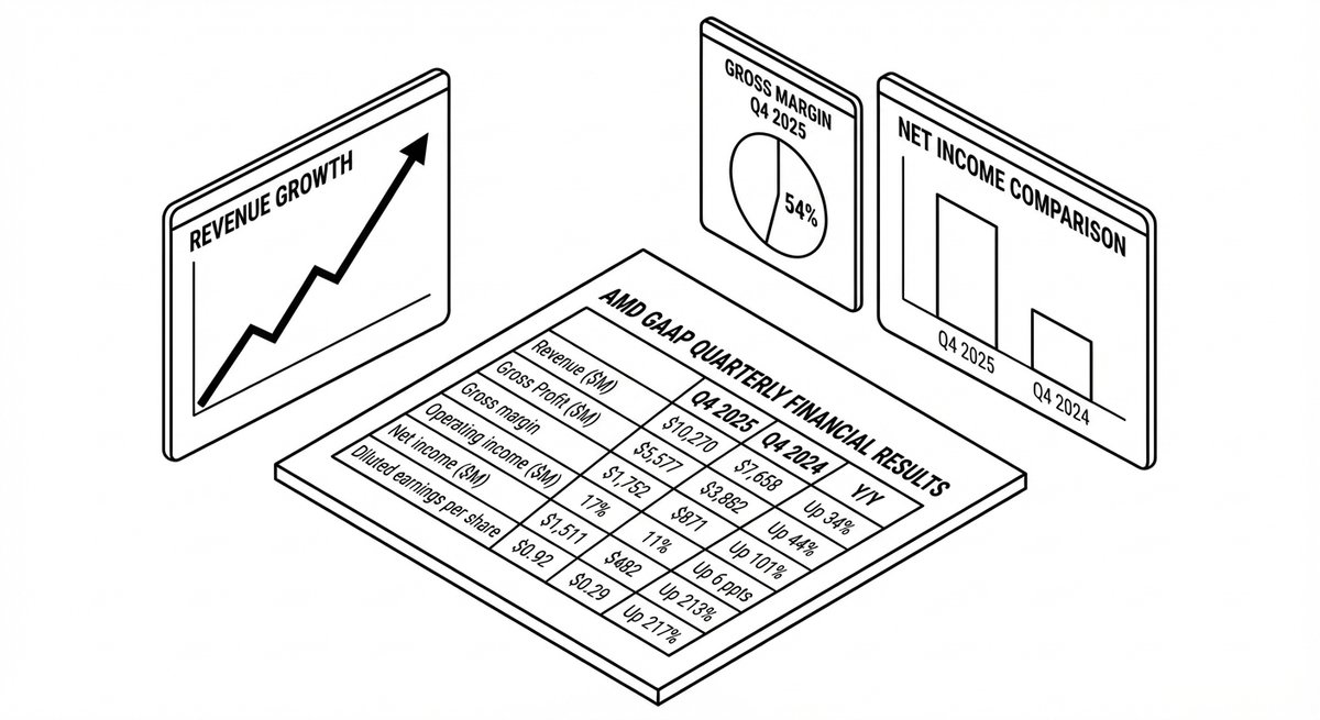 AMD quarterly earnings report showing revenue, gross profit, and net income data