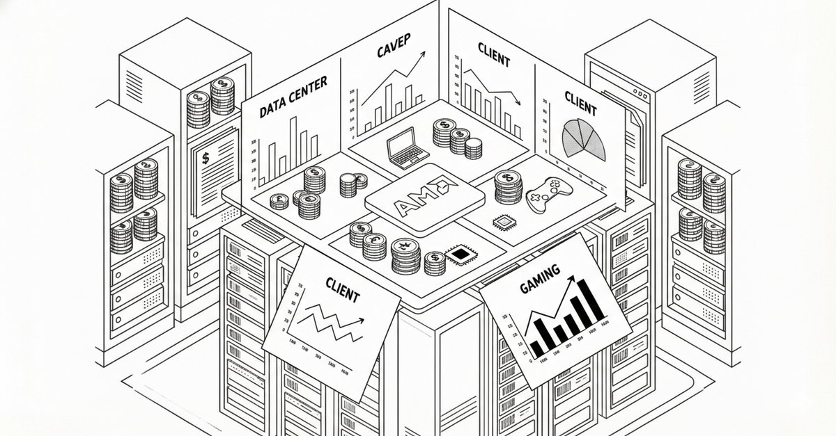 AMD earnings report segment breakdown showing Data Center, Client, Gaming, and Embedded revenue.