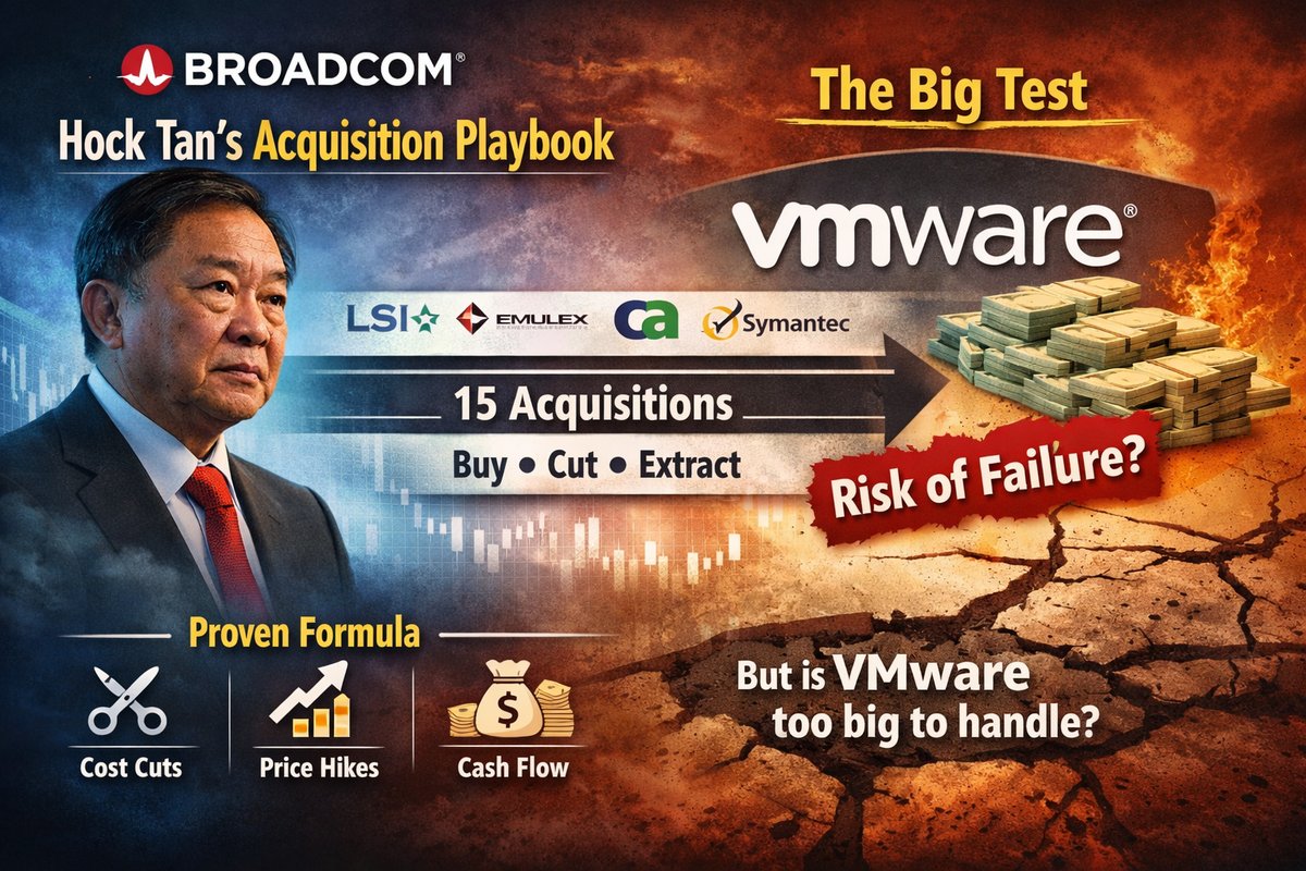 Analysis of Hock Tan's acquisition playbook at Broadcom showing 15 acquisitions from CA Technologies to VMware and the structural limits of the buy-cut-extract model