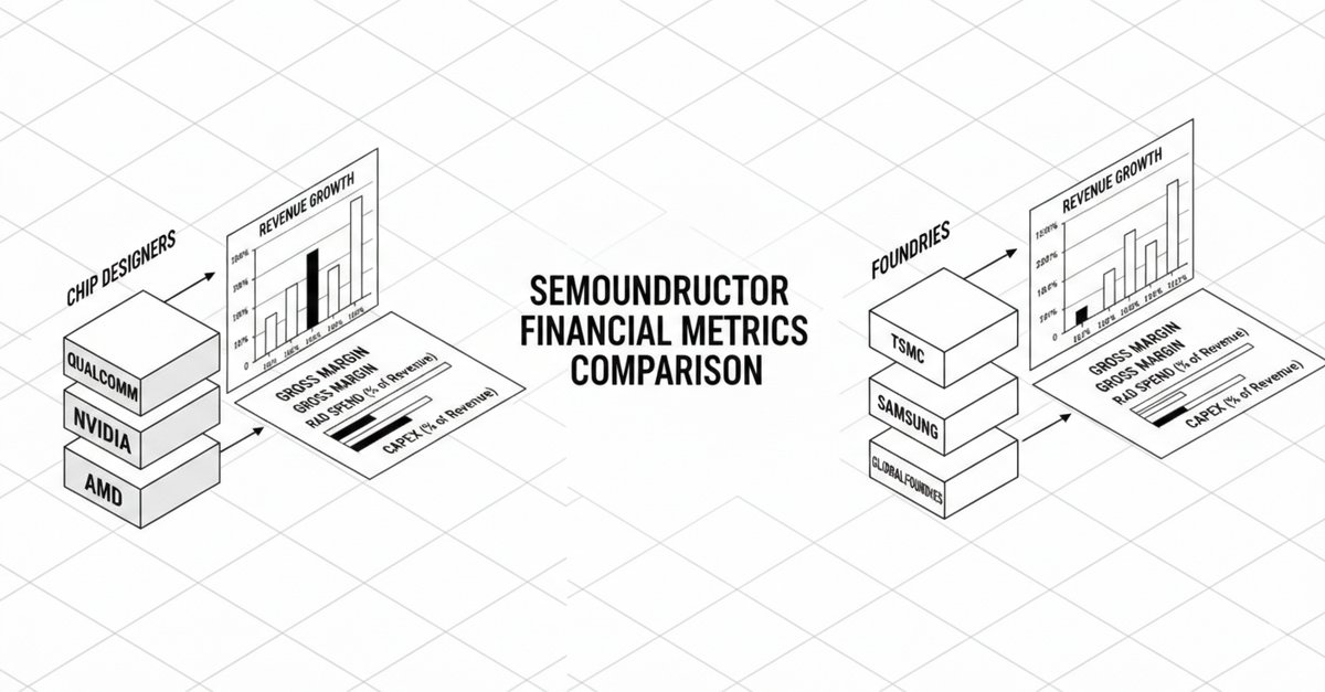 Financial metrics comparison across semiconductor companies including revenue, margins, R&D, and CAPEX