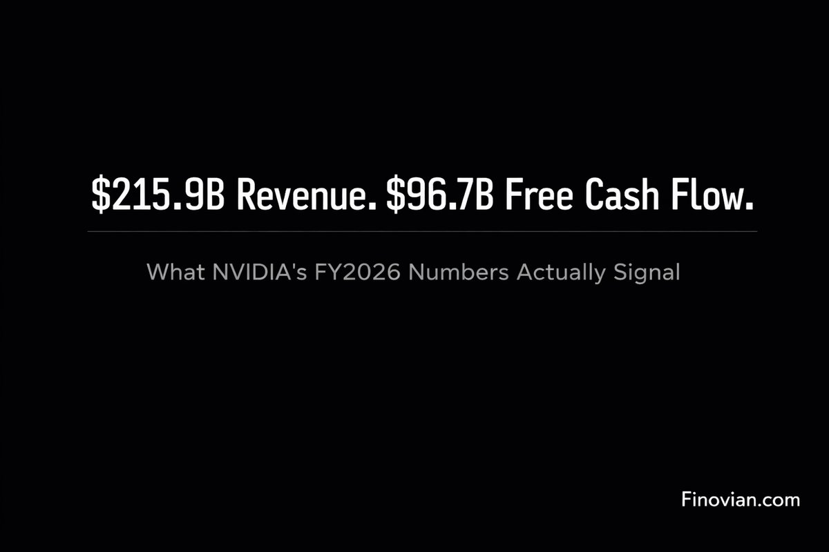 NVIDIA FY2026 analysis showing $215.9 billion revenue and $96.7 billion free cash flow with Finovian's take on what the AI infrastructure cycle data actually signals