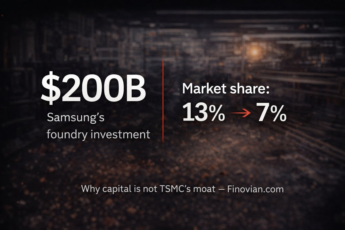 TSMC competitive advantage analysis showing Samsung spent $200 billion in foundry operations while losing market share from 13% to 7%, versus TSMC holding above 70% of the advanced node foundry market