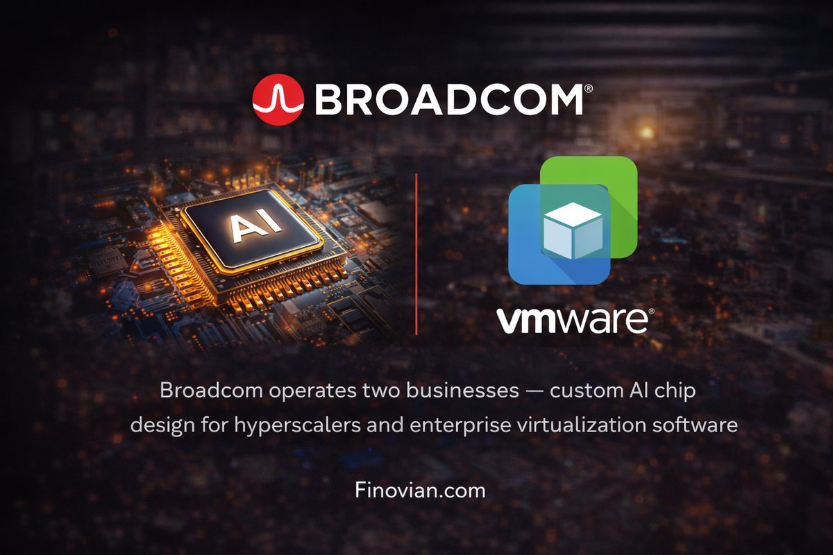 Broadcom AVGO logo with AI chip and VMware software icons representing dual semiconductor and enterprise software business model