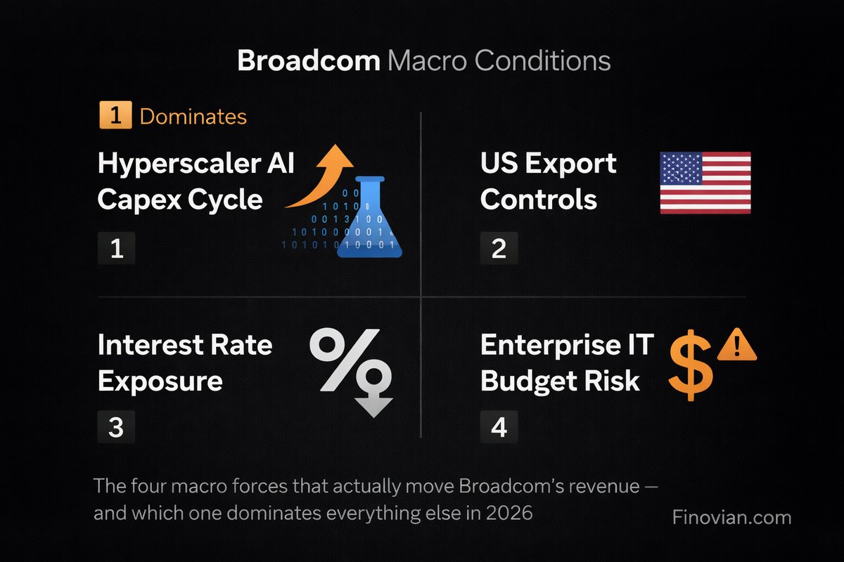 Broadcom macro analysis showing hyperscaler AI capex cycle, US export controls, interest rate exposure, and enterprise IT budget risk affecting AVGO revenue