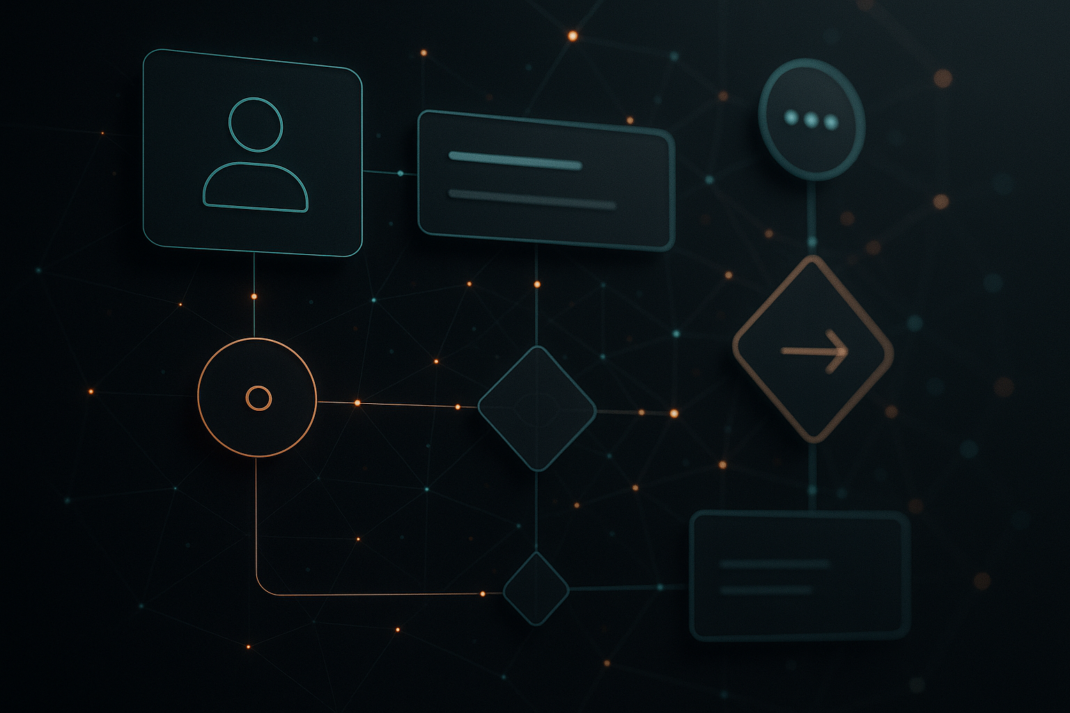 Abstract editorial image showing AI workflow overlays and CRM data cues on a dark neutral background