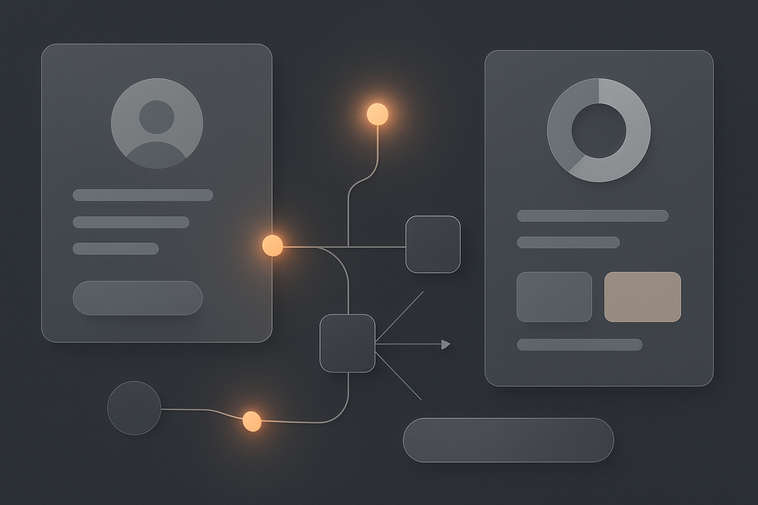 Abstract editorial image: dark neutral background with crisp UI overlays showing an AI workflow and behavioural cues