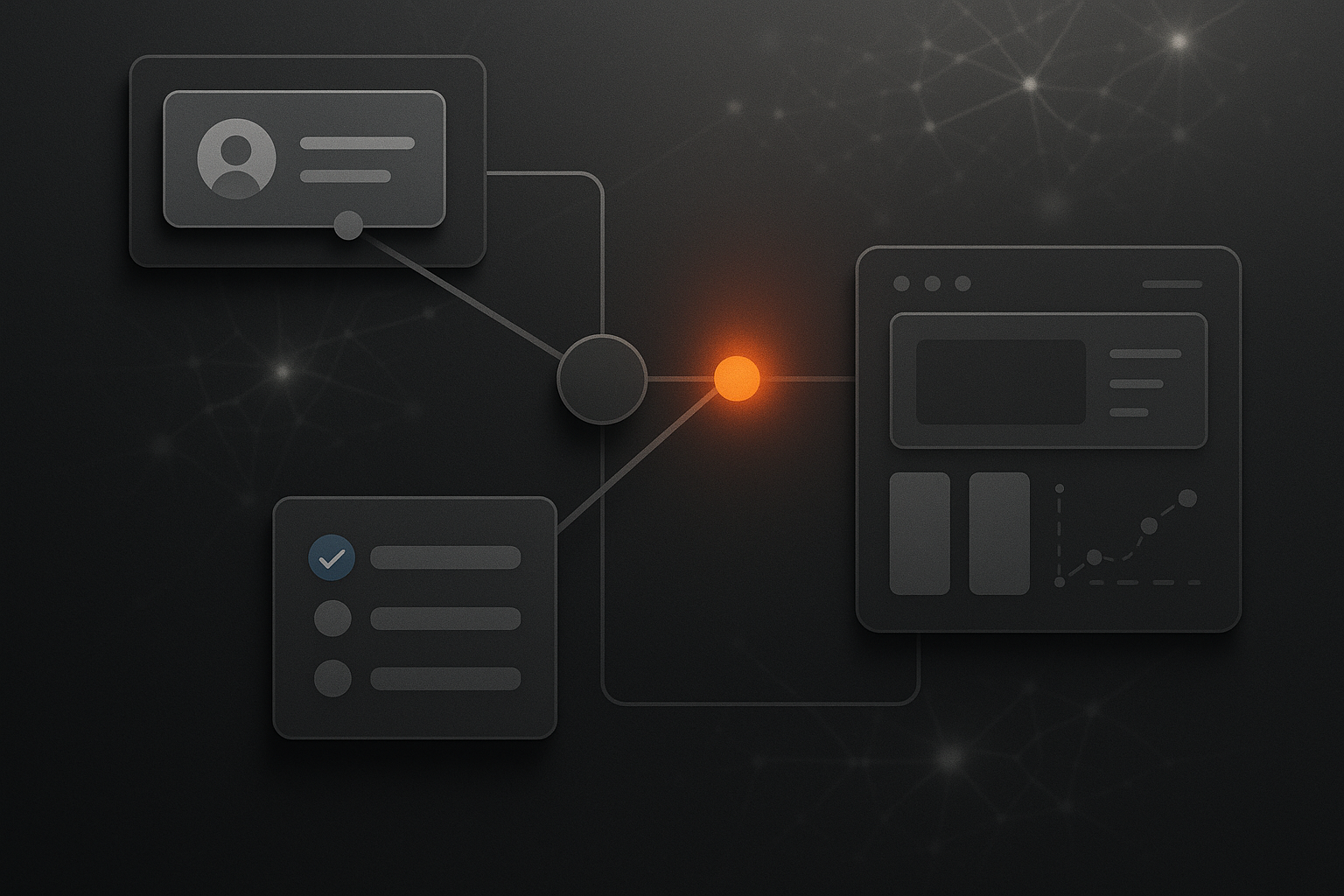 Abstract editorial image showing AI workflow overlays and UI elements on a dark neutral background