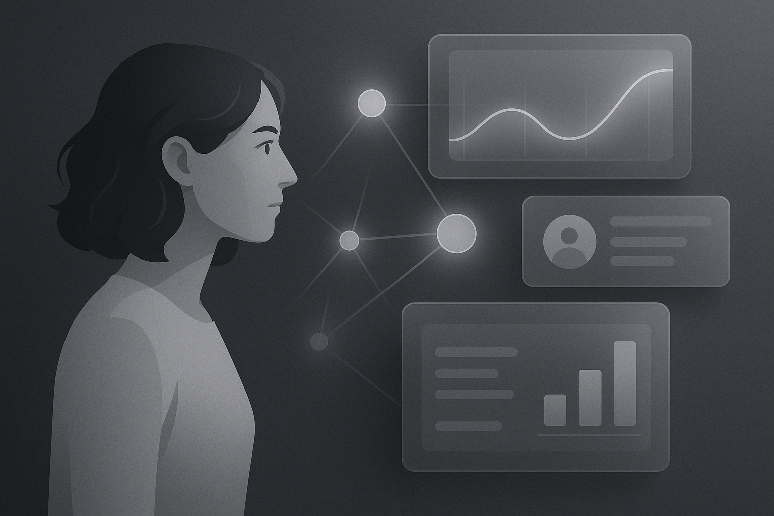 Imagen editorial abstracta sobre neuromarketing web: fondo neutro oscuro, superposiciones UI y señales de comportamiento