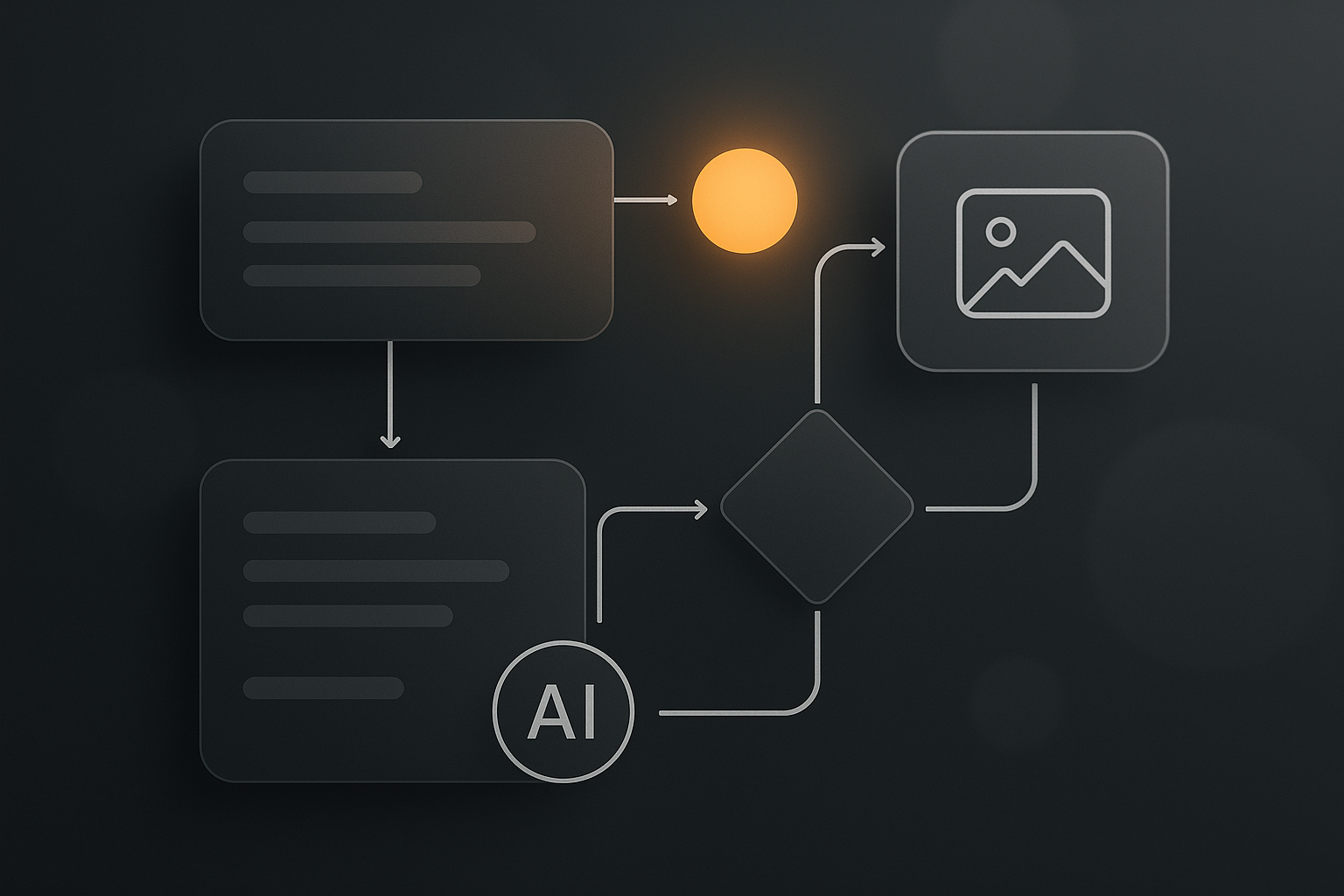 Imagen editorial abstracta con superposiciones de UI y señales de flujo de trabajo en un fondo oscuro neutro