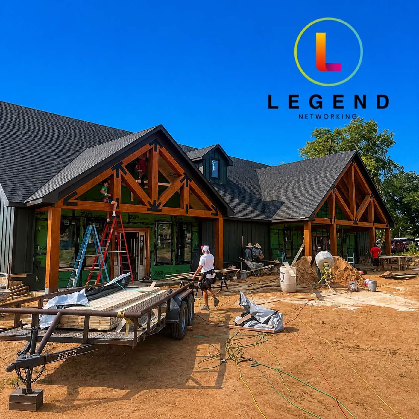 Timber-framed front of the new East Texas Orthodontics office under construction, East Texas Orthodontics, Canton, TX