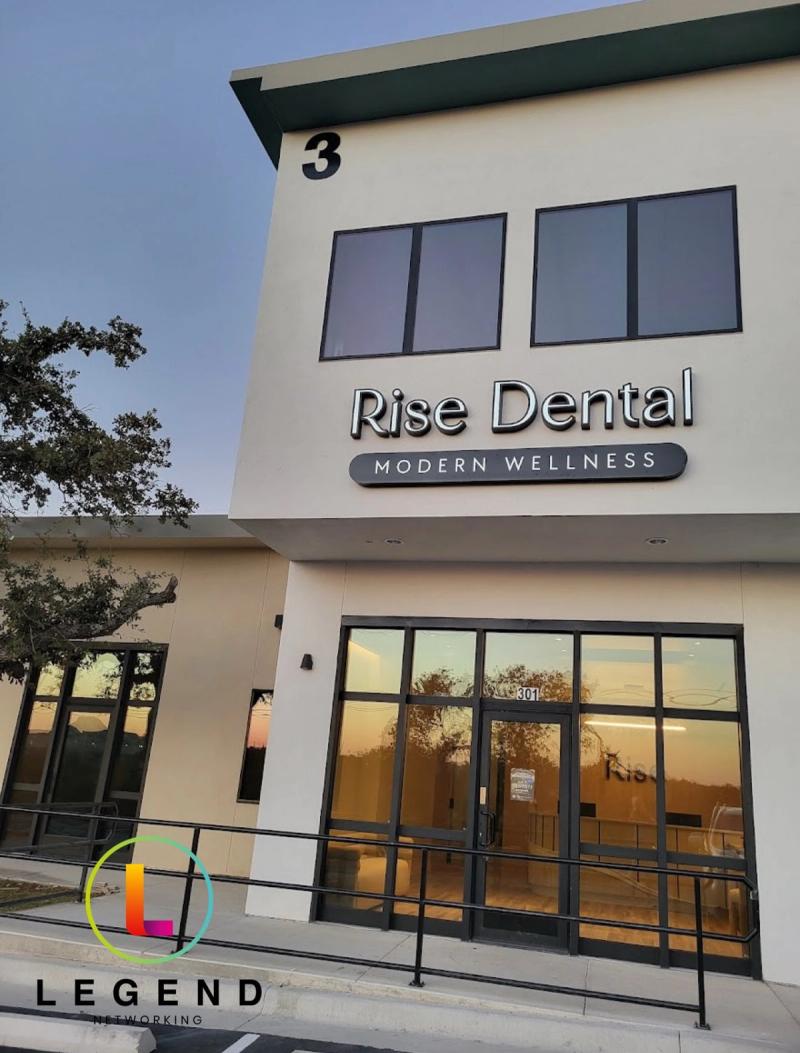 Building exterior with the Rise Dental sign and glass entrance at Rise Dental in Cedar Park