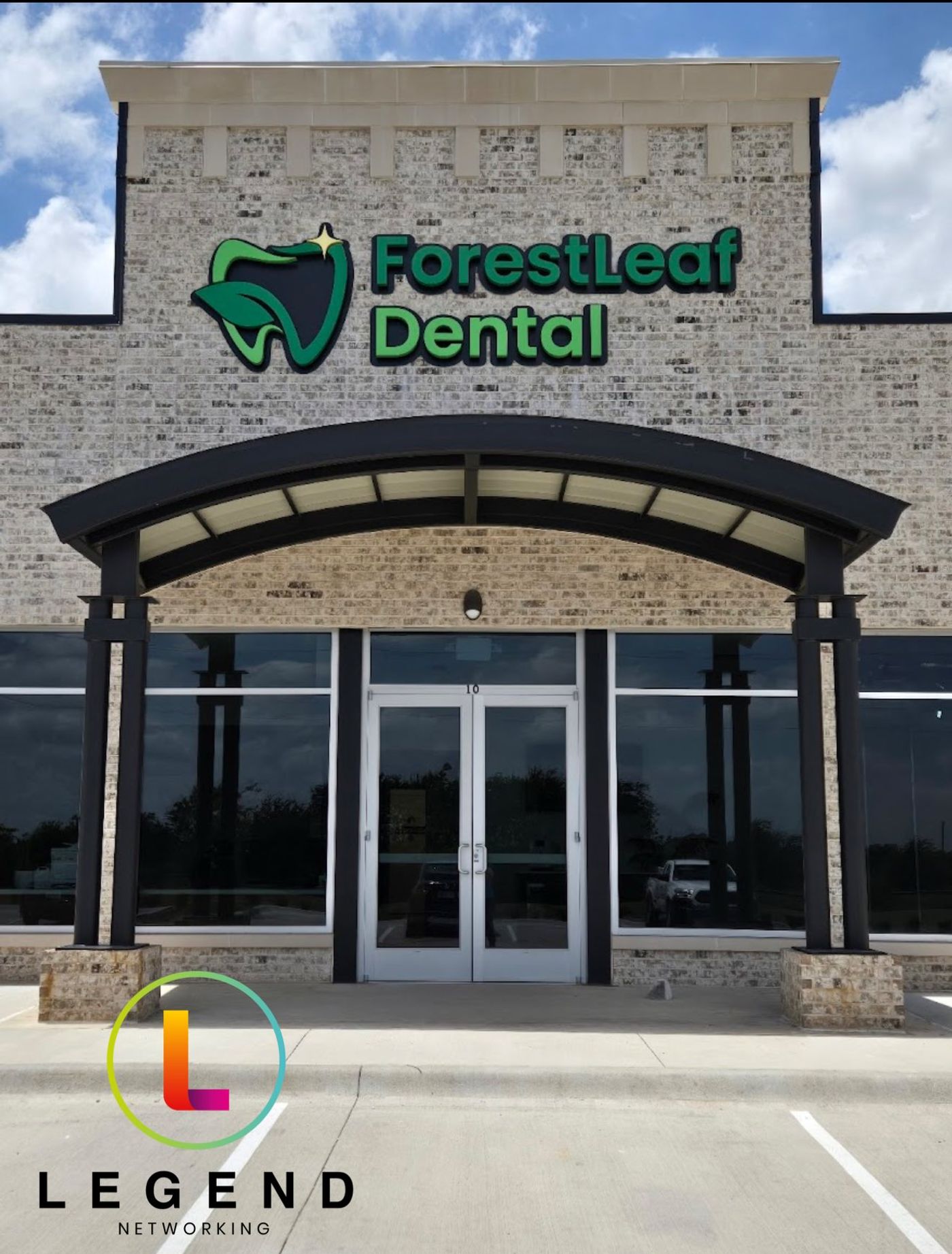 Arched entrance with the ForestLeaf Dental sign at Forestleaf Dental of Justin in Justin, TX