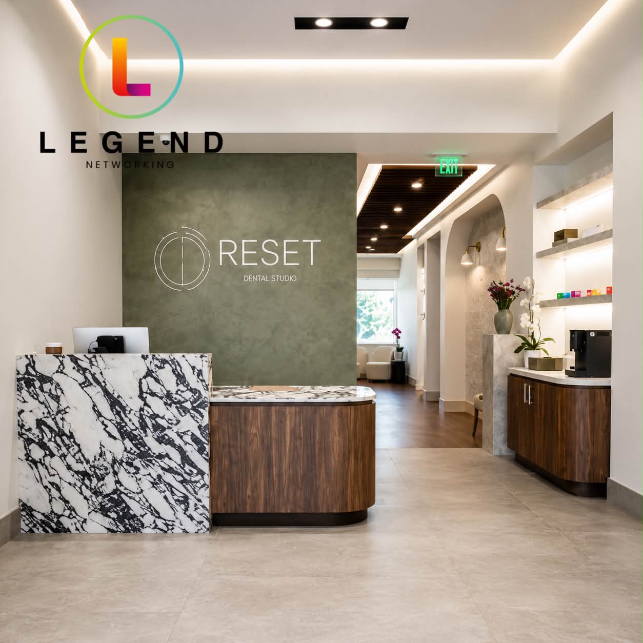 Reception desk and Reset wall sign at Reset Dental Studio in Laguna Hills
