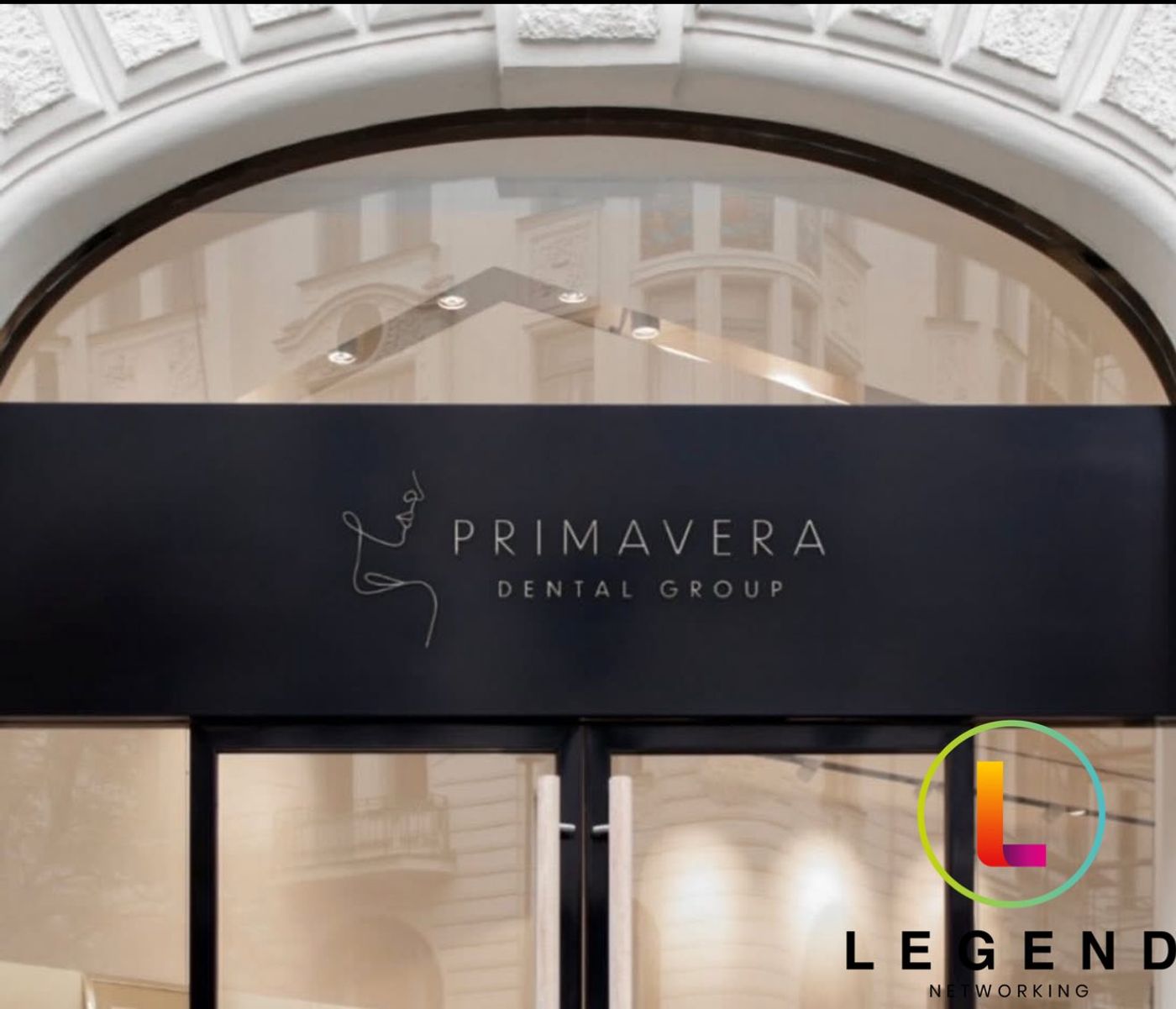 Primavera Dental Group sign above the arched entrance of the downtown office in Austin, TX