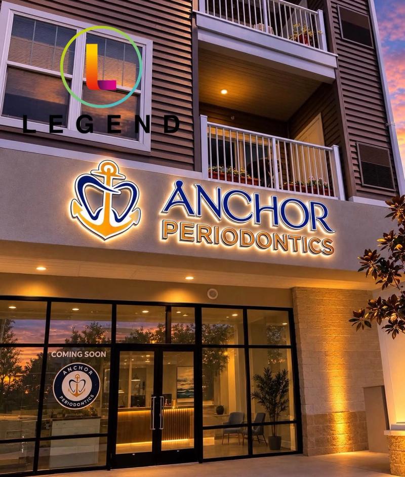 Illuminated Anchor Periodontics sign above the entrance in Stevensville