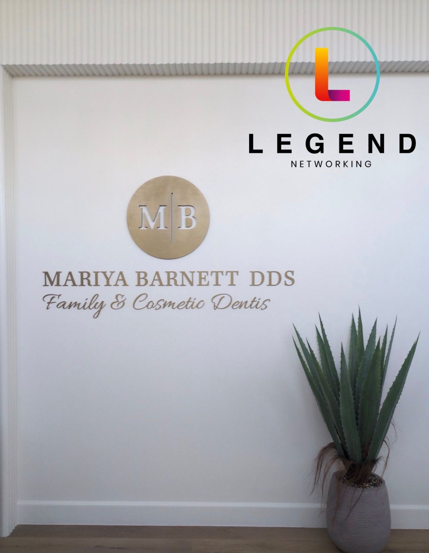Mariya Barnett DDS Family & Cosmetic Dentistry logo sign on a reception wall, Dallas, TX