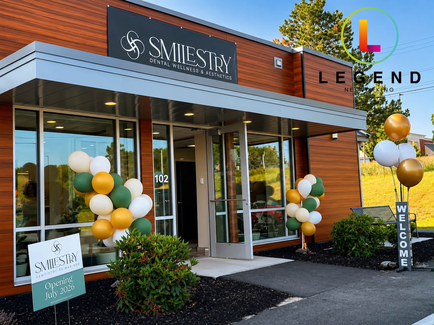 Entrance of Smilestry Dental Wellness & Aesthetics with welcome balloons and storefront signage in Scarborough, ME