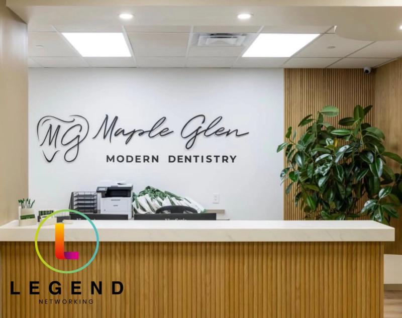 Reception desk and wall sign at Maple Glen Modern Dentistry in Ambler