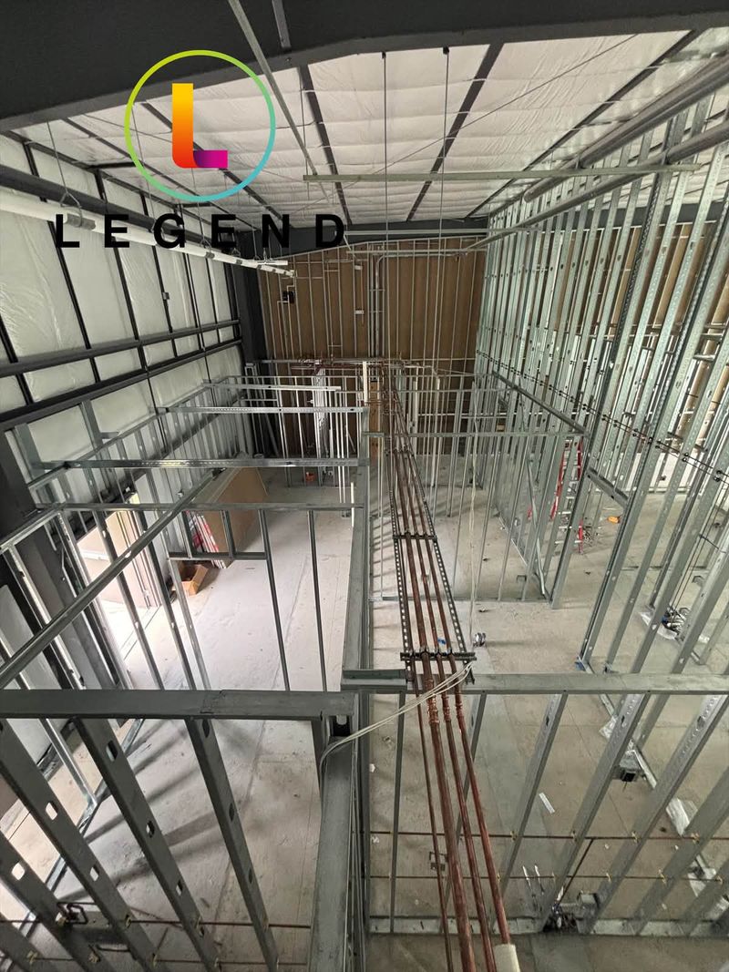 Metal stud framing and ceiling during construction at Clearview Dental in Austin