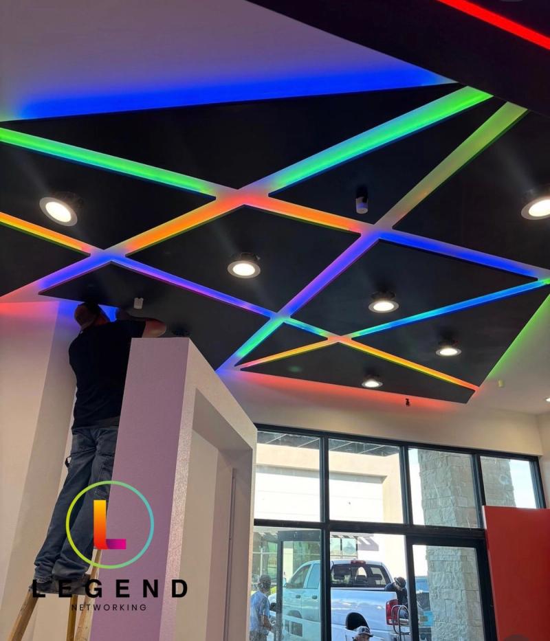 Color-lit ceiling and front windows inside So Hi Kids and Teens Dentistry in Las Vegas