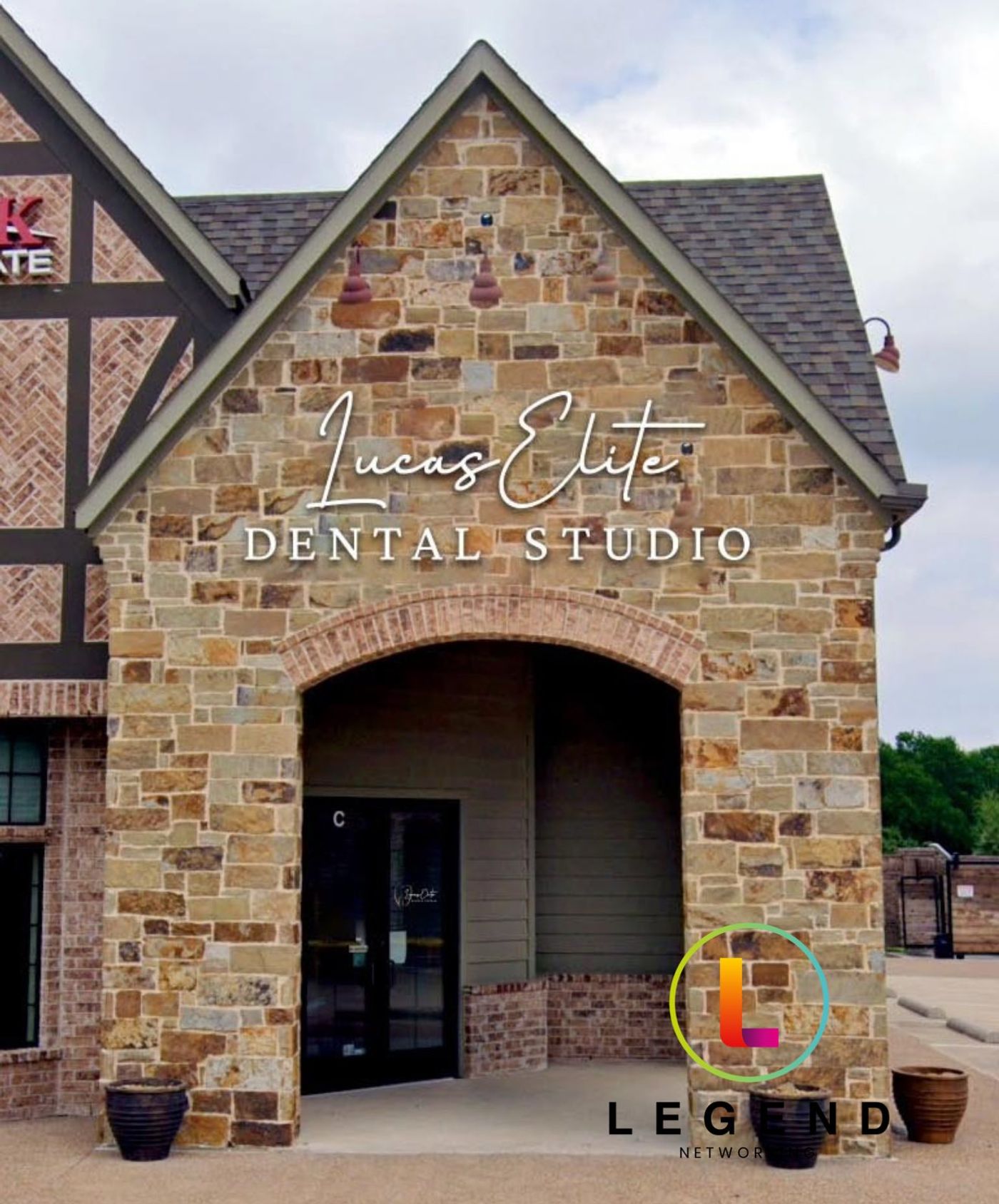 Stone entrance and Lucas Elite Dental Studio signage in Lucas, TX