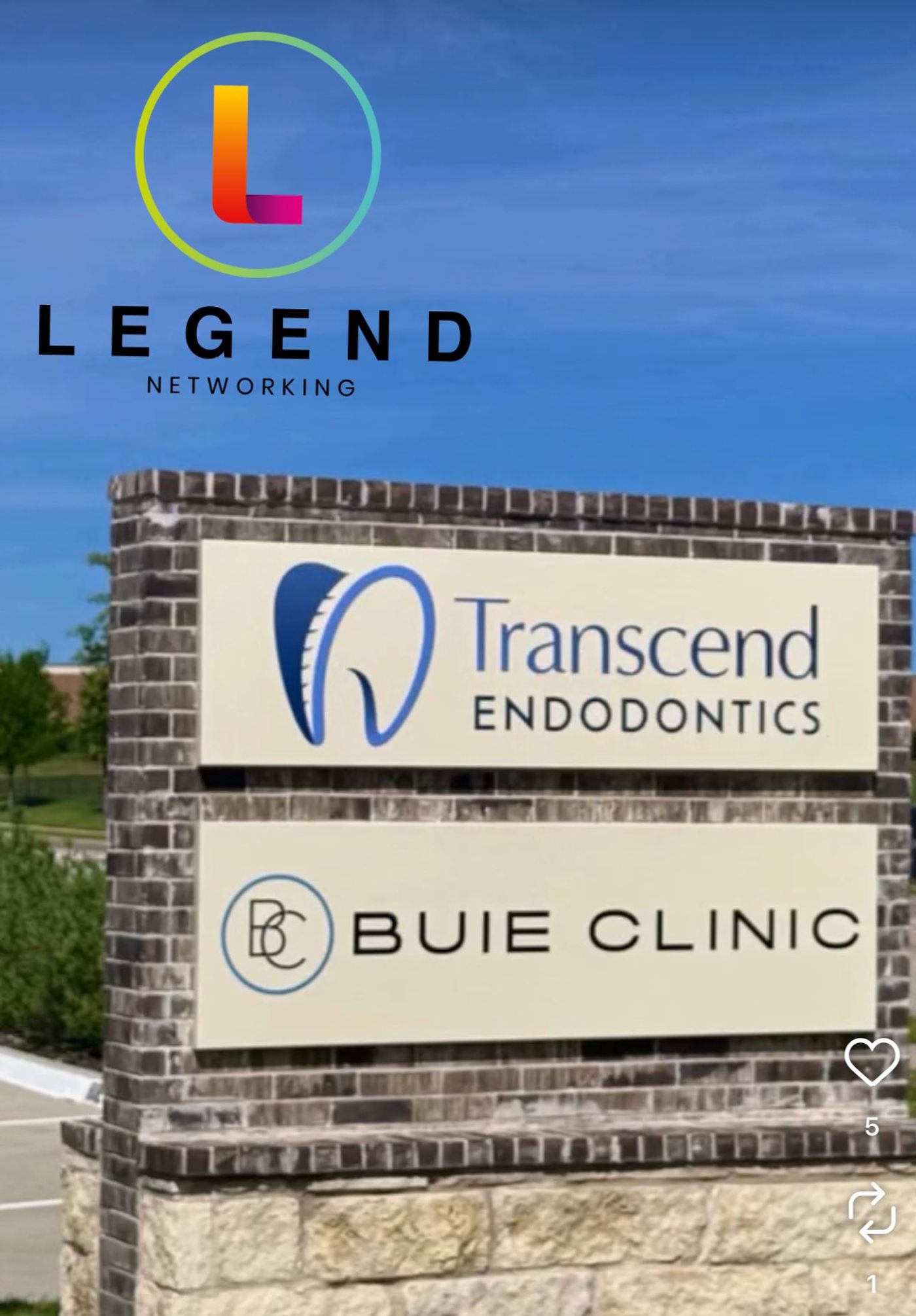Monument sign for Transcend Endodontics above the Buie Clinic sign in Midlothian, TX