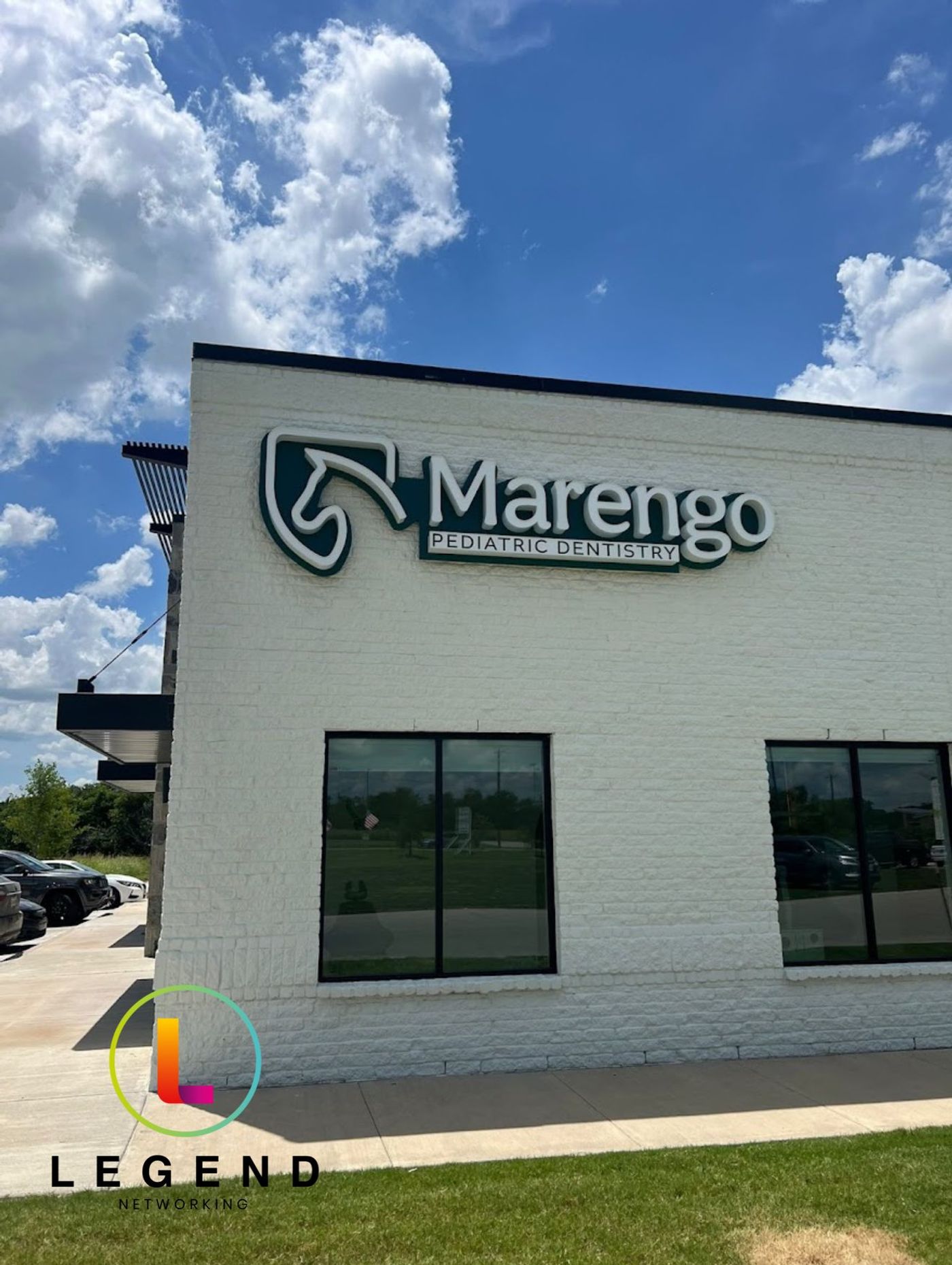White brick exterior with the Marengo Pediatric Dentistry sign, Marengo Pediatric Dentistry, Celina, TX