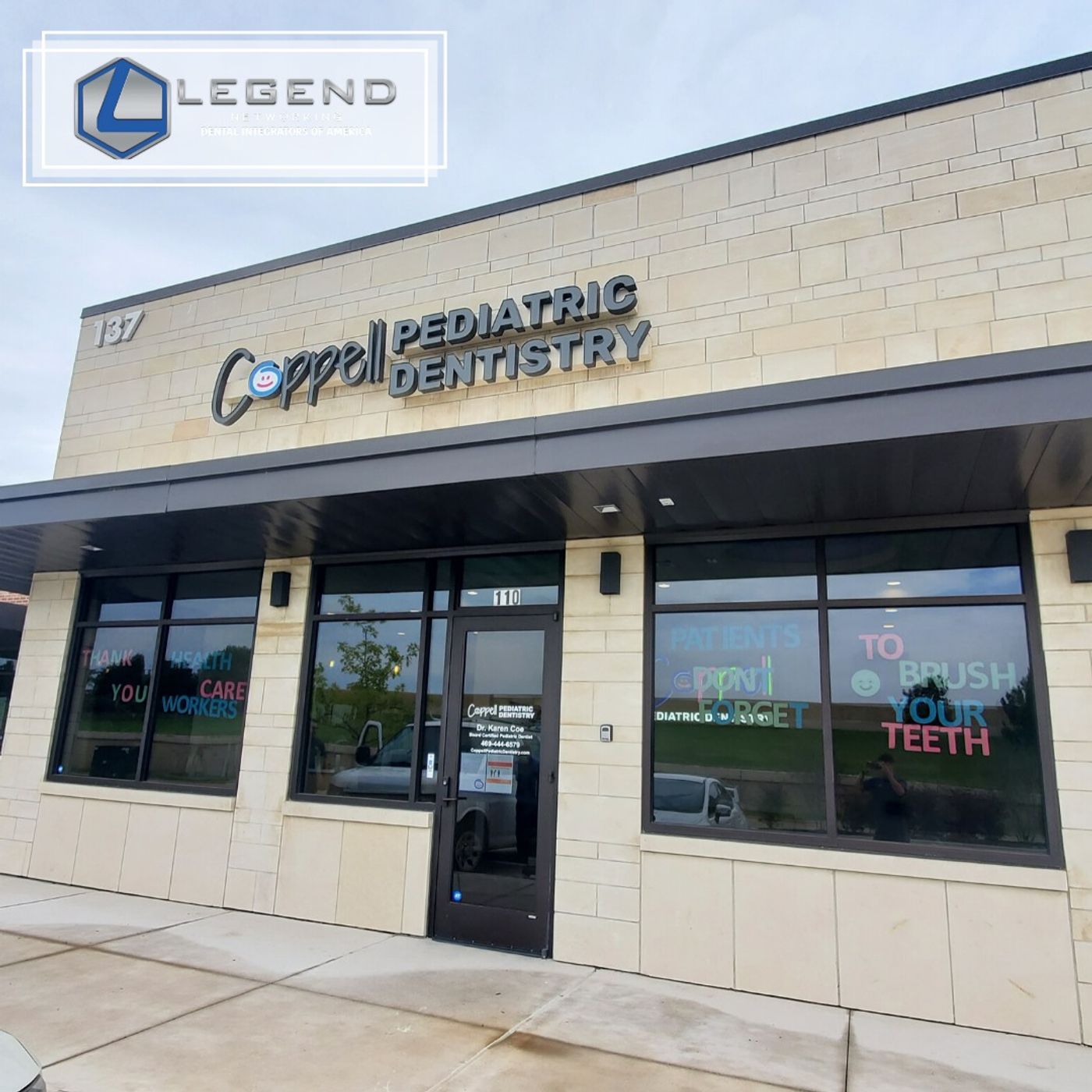 Exterior of Coppell Pediatric Dentistry with its sign above the entrance in Coppell, TX