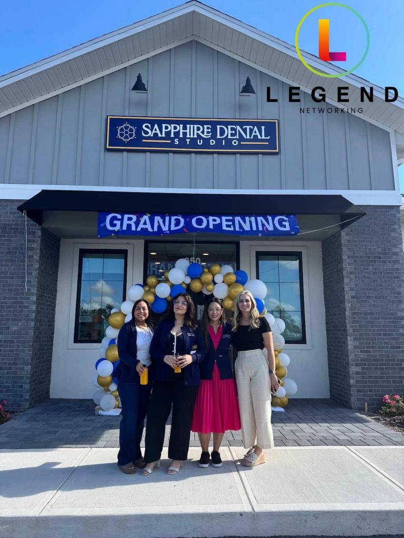 Entrance with a Grand Opening banner and balloon arch at Sapphire Dental Studio in Winter Garden