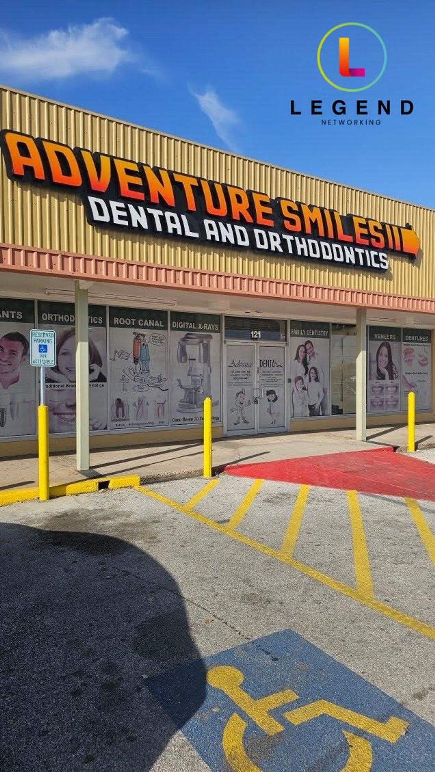Adventure Smiles Dental and Orthodontics storefront sign above the entrance, Houston, TX