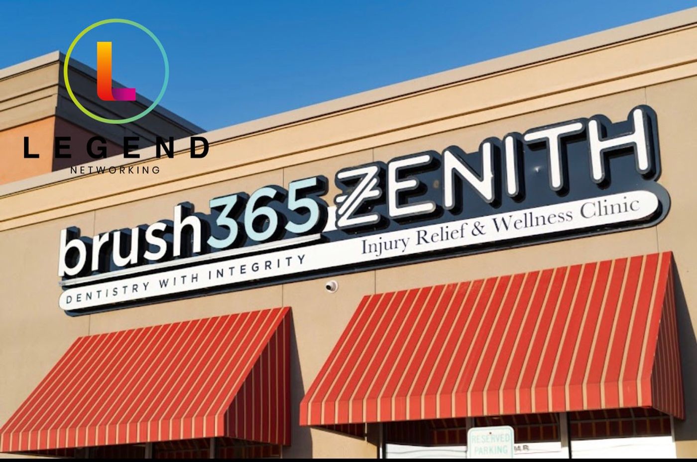 Brush365 Dentistry With Integrity sign above red awnings at the Arlington, TX location