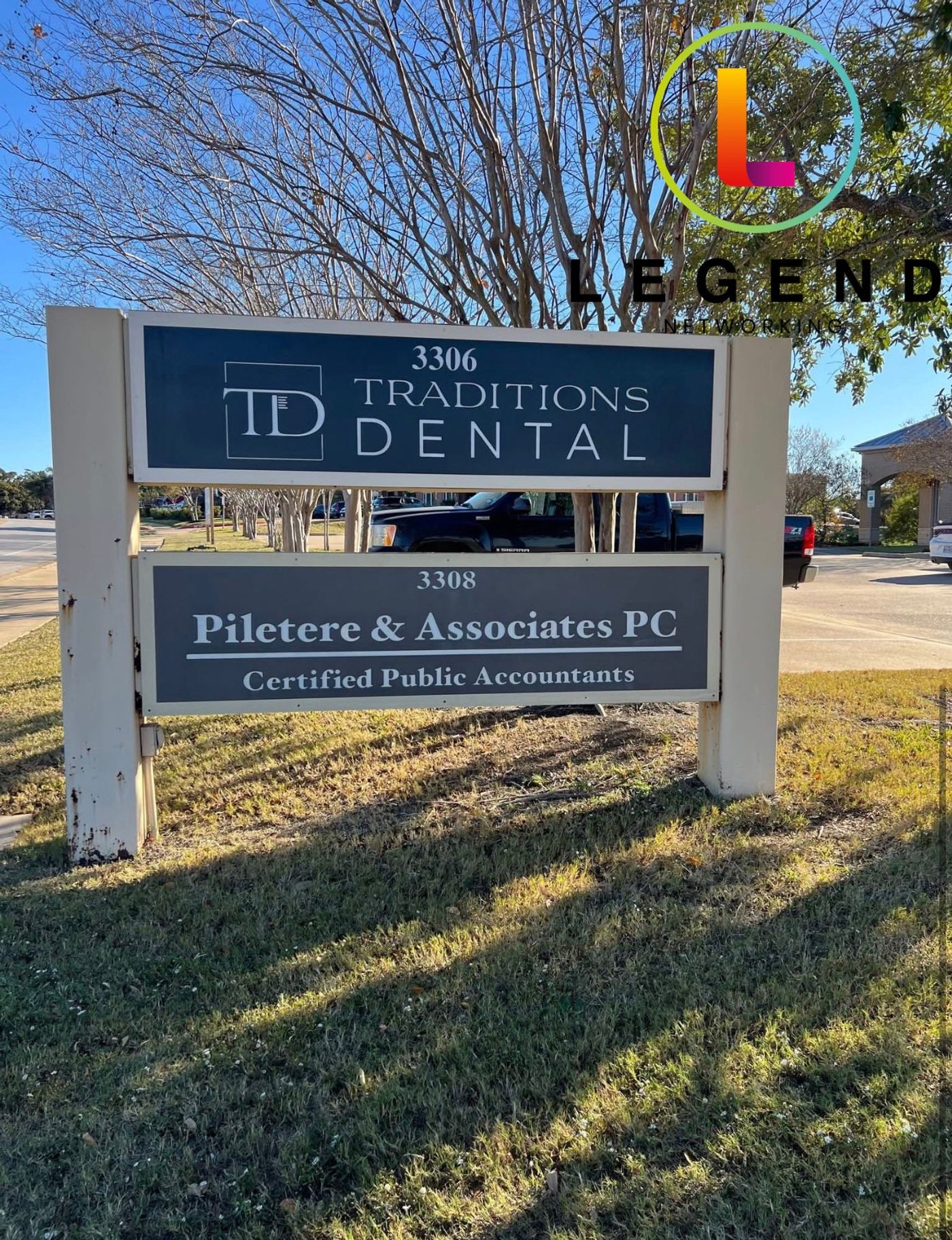 Traditions Dental monument sign outside the practice in College Station, TX